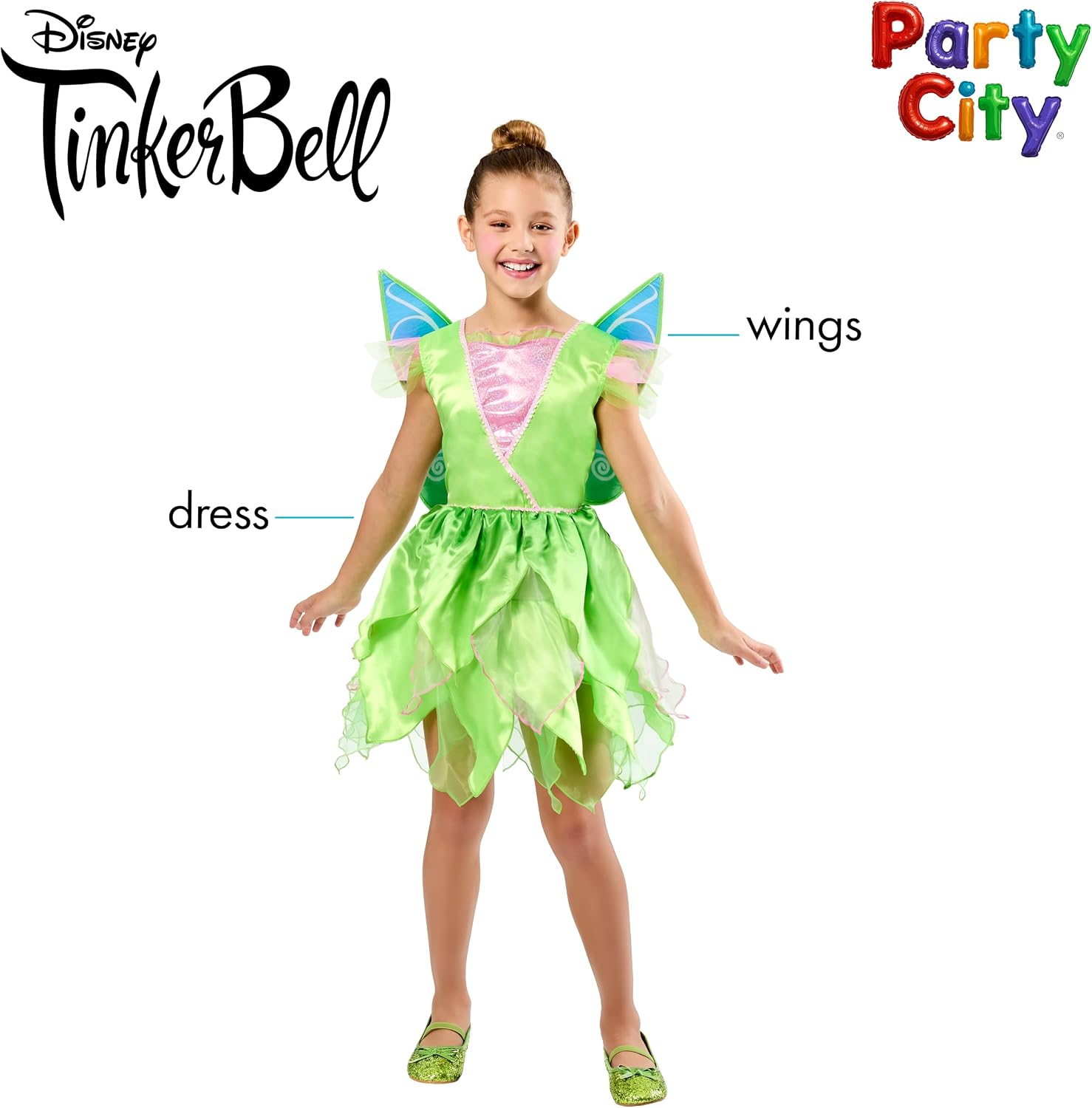 Detalle 2 de Party City Disney Tinker Bell Costume Dress for Girls, Sequin Bodice, Detachable Wings