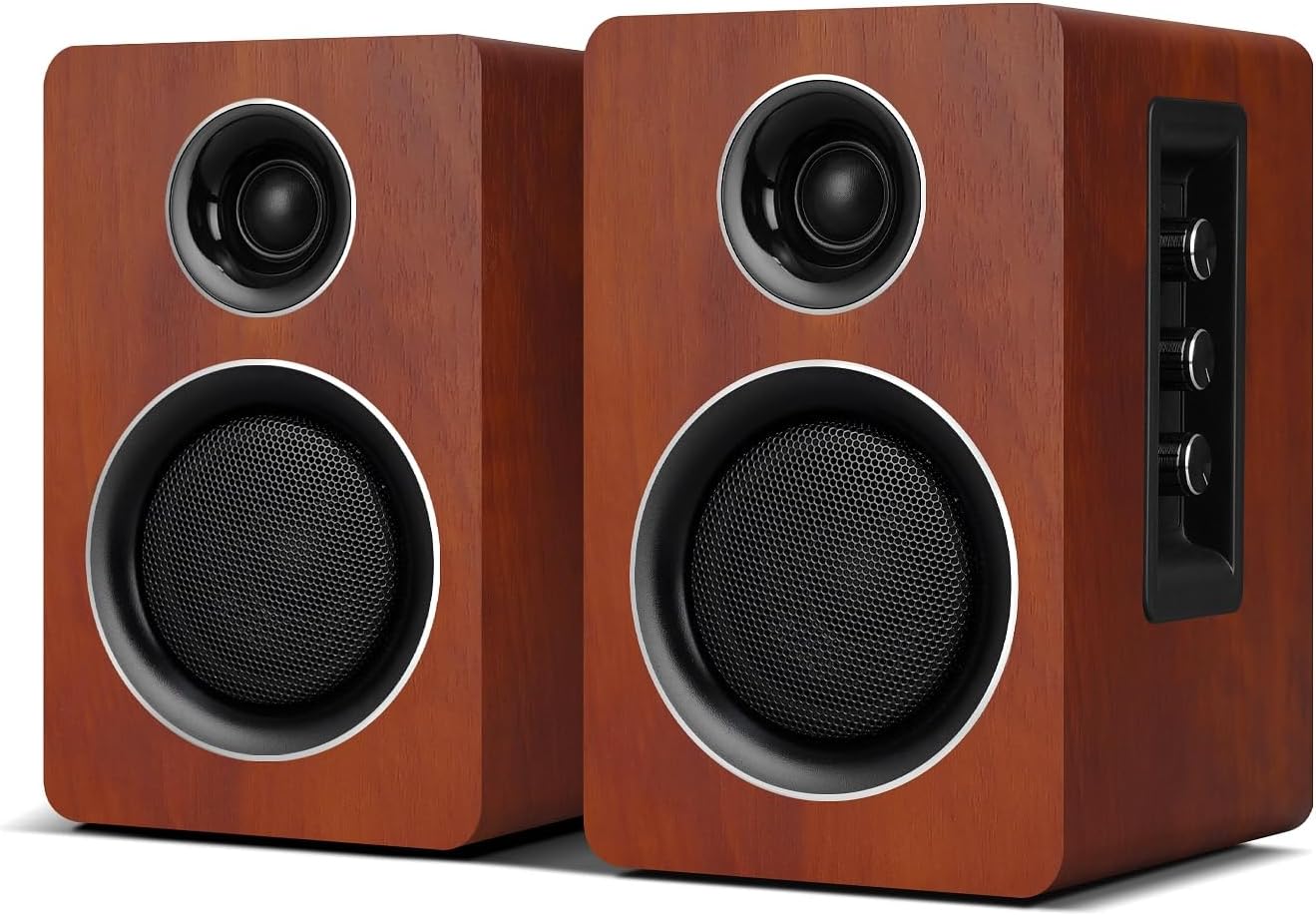 Detalle de ZQMMSPK Active Bookshelf Speakers (60W) with Bluetooth 5.3, USB-C and 3-inch carbon fibre woofer – Brown stereo set