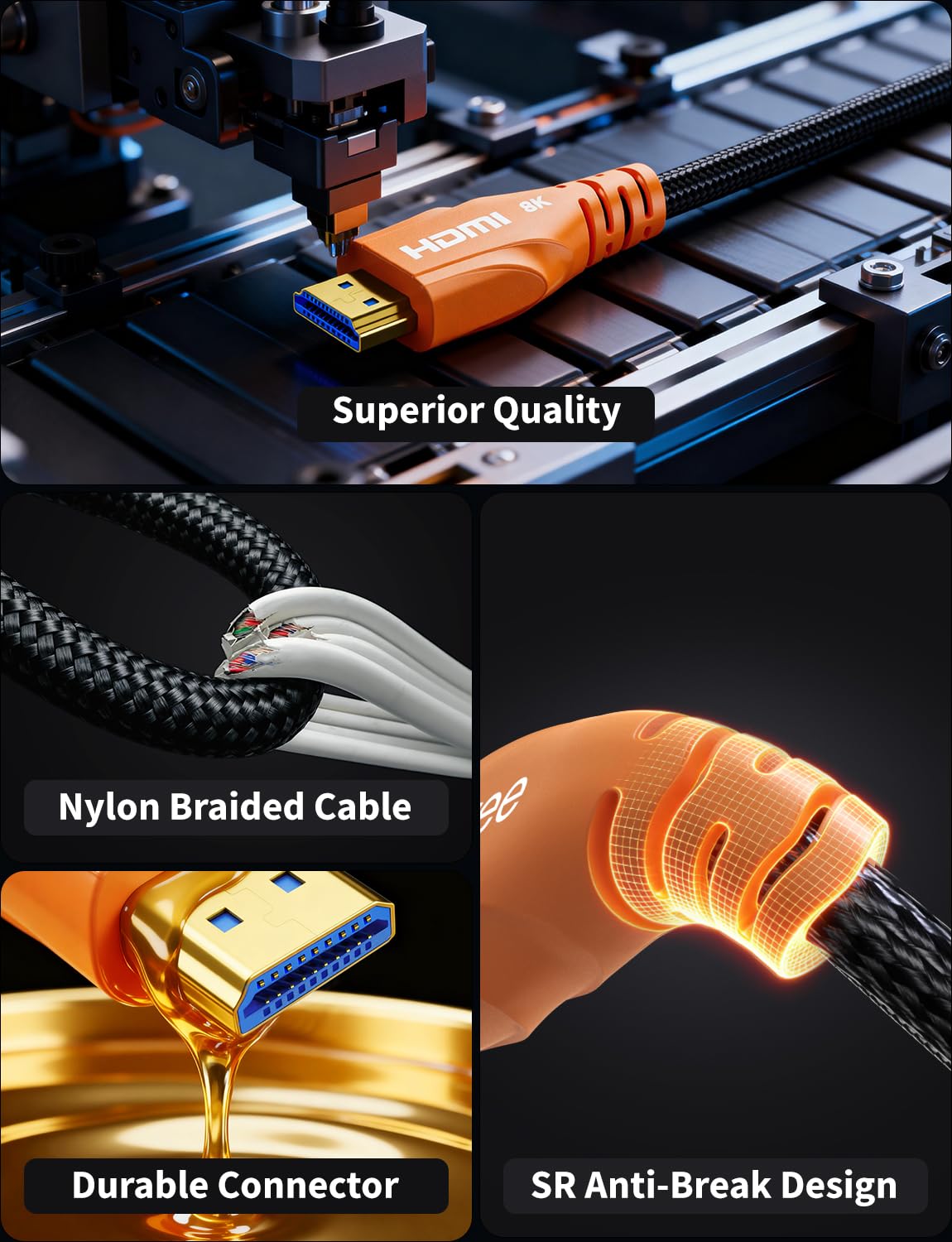 Detalle 2 de Cratree 8K HDMI Cable (10FT) — 48Gbps High-Speed HDMI Cord for 8K 60Hz, 4K 120Hz, HDR/eARC, HDCP 2.2/2.3