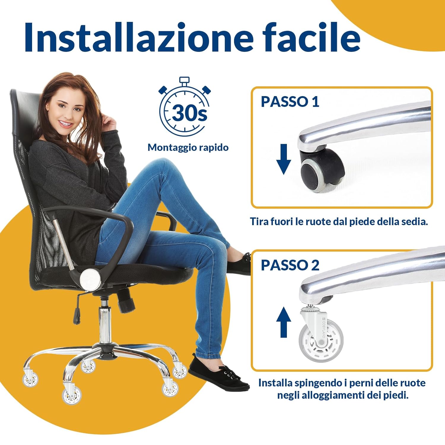 Thumbnail 3 de COSYLAND Set 5 Ruote Sedia Ufficio – Compatibili con IKEA 10x22 mm, silenziose e resistenti fino a 300 kg