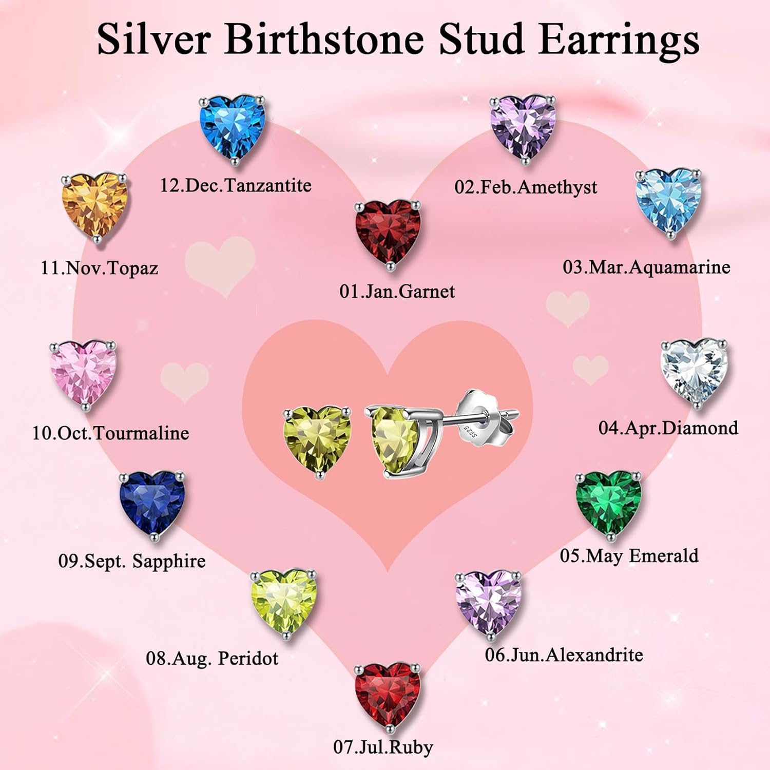 Thumbnail 1 de Zolkamery 925 Sterling Silver Heart Birthstone Stud Earrings (6mm) with Cubic Zirconia