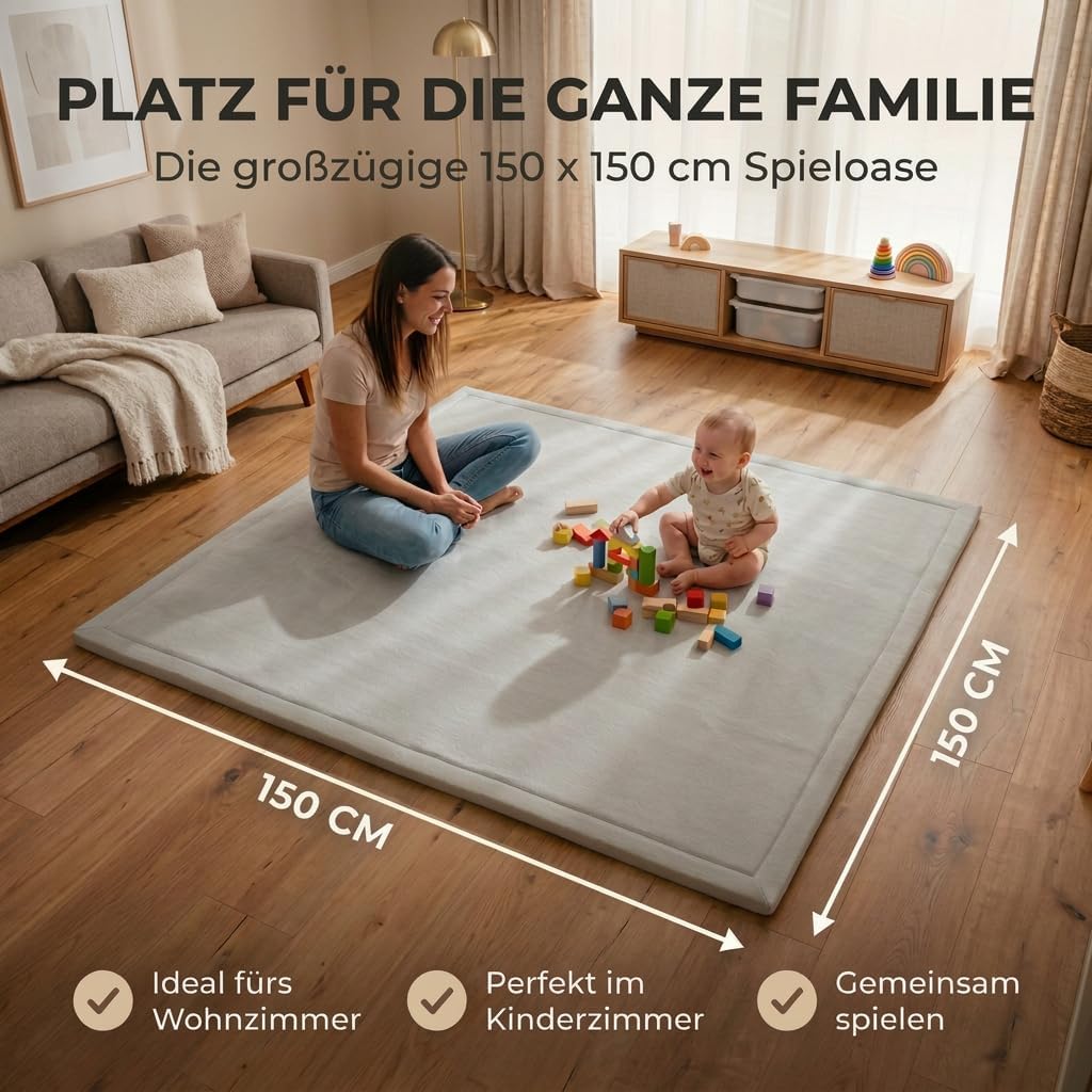Detalle 2 de BabybeFun Krabbelmatte Baby (150 x 150 cm) – 3 cm dicke, rutschfeste Schaumstoff-Spielmatte fürs Kinderzimmer