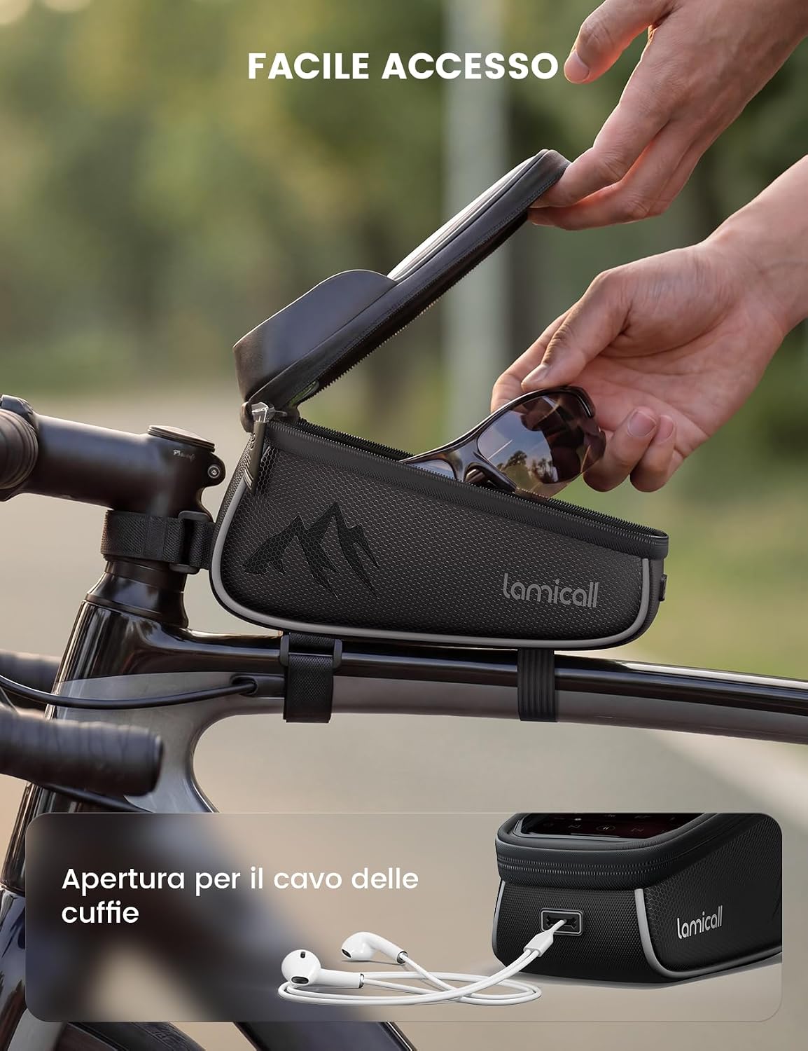 Detalle 2 de Lamicall Borsa Telaio Bici Impermeabile 1,6 L: custodia con touch screen e copertura anti-pioggia per smartphone fino a 7
