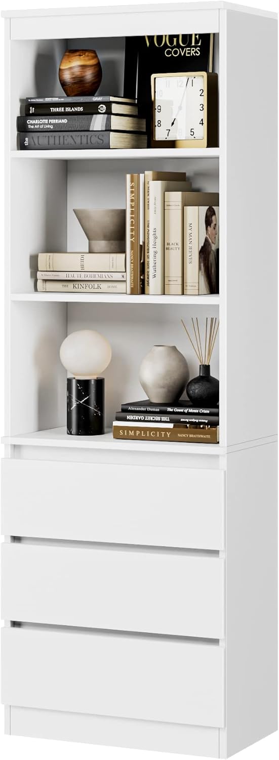 FirFurd bibliothèque haute autoportante blanche avec 3 étagères et 3 tiroirs (60 x 35 x 180 cm)