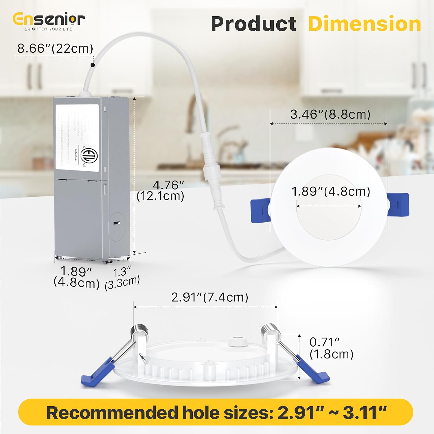 Detalle 2 de Ensenior 3-Inch Canless LED Recessed Lights, 4-Pack, 5CCT Dimmable, 500 Lumens