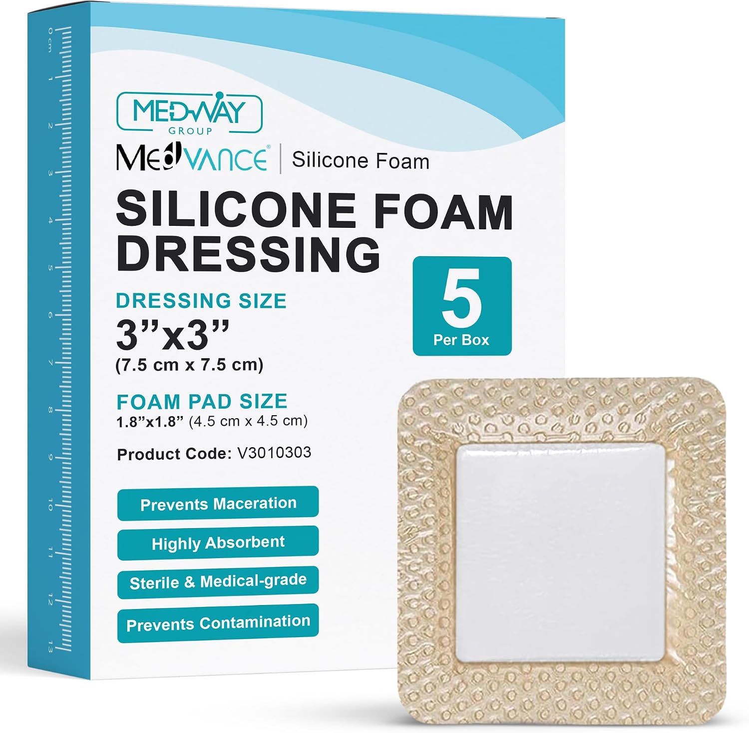 Detalle de MedVanceTM Silicone Bordered Adhesive Foam Dressing, Size 3"x3" (1.8"x1.8" pad), Box of 5
