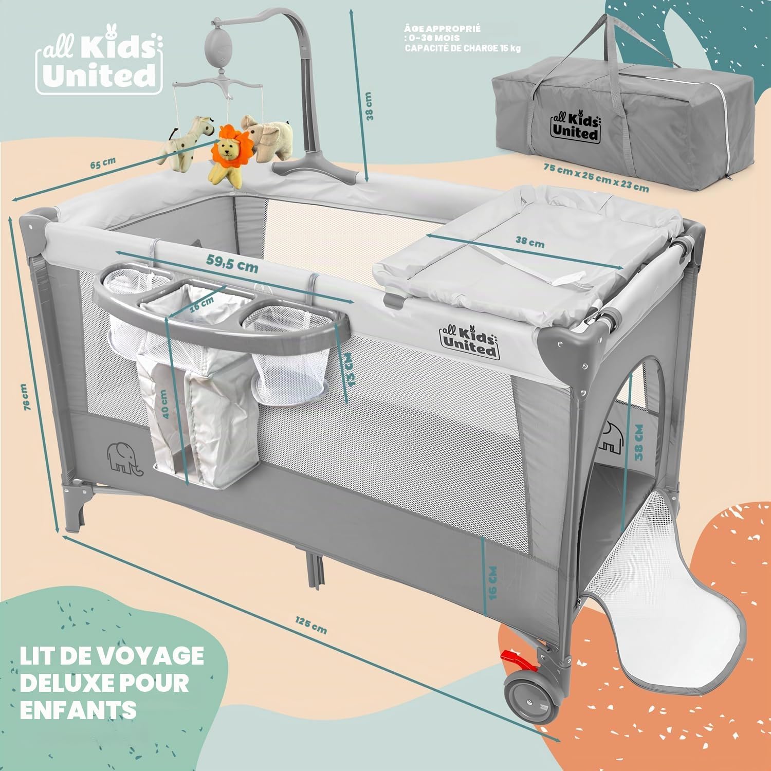 Thumbnail 5 de Voyage pour bébé Deluxe all Kids United Lit de voyage avec matelas à langer et mobile électronique (gris)