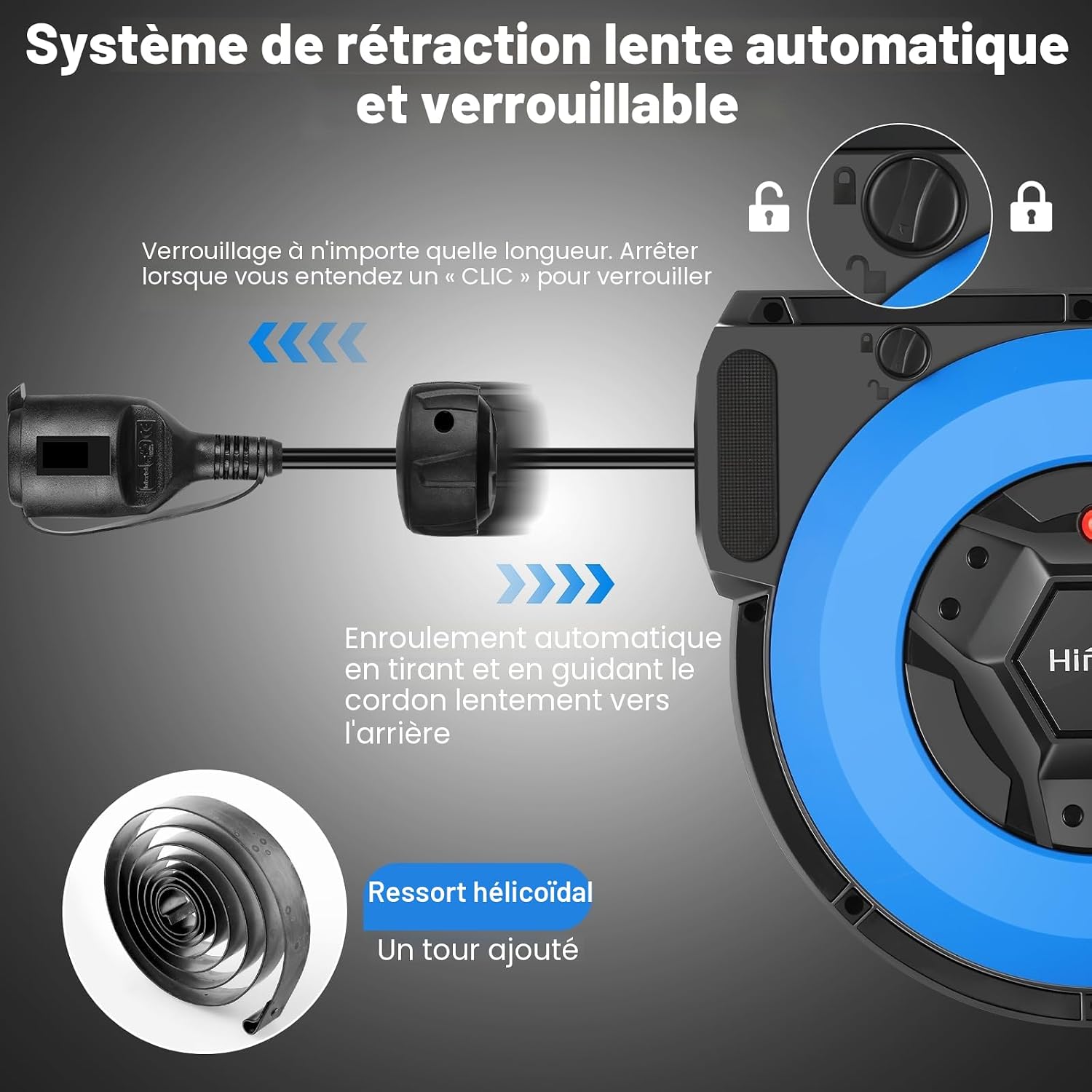 Detalle de Himimi Enrouleur Électrique Automatique avec Support – 15 m + 2 m, 1500–3000 W, IP44, montage mural ou suspension