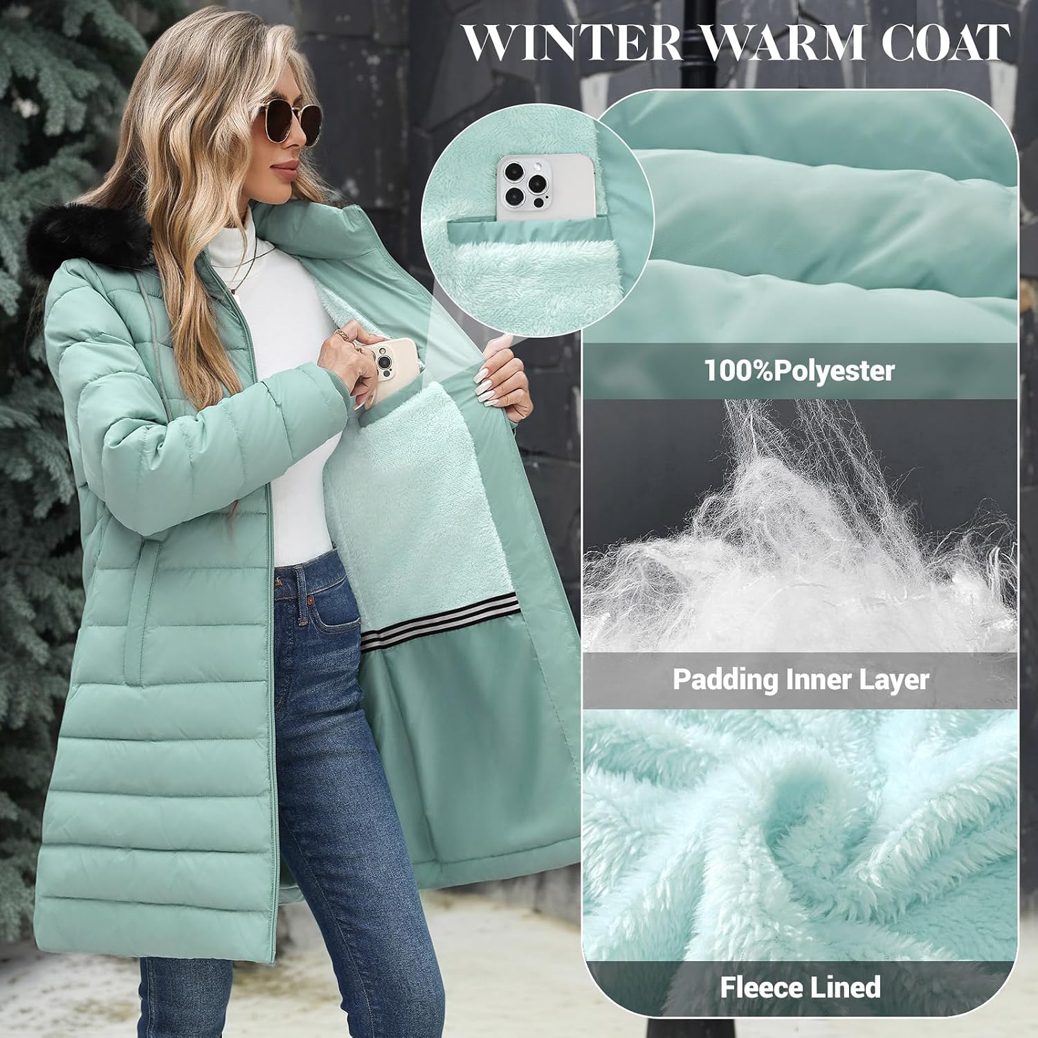 Detalle de RITOSTA Women's Long Winter Coat with Fleece Lining and Removable Faux Fur Hood