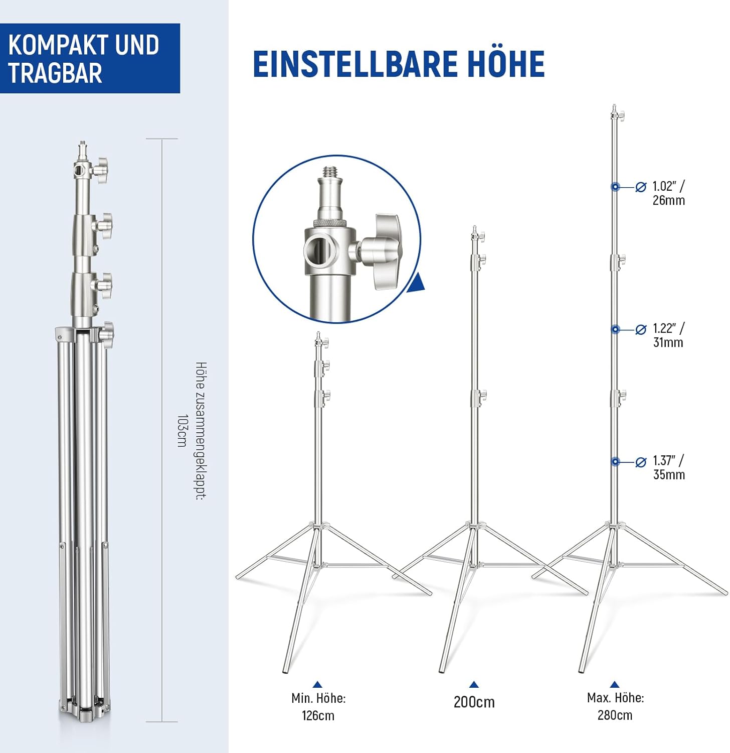 Thumbnail 1 de NEEWER ST-280SS Lichtstativ (2er-Set) aus Edelstahl, 126–280 cm, federgedämpft, 1/4"–3/8" Adapter