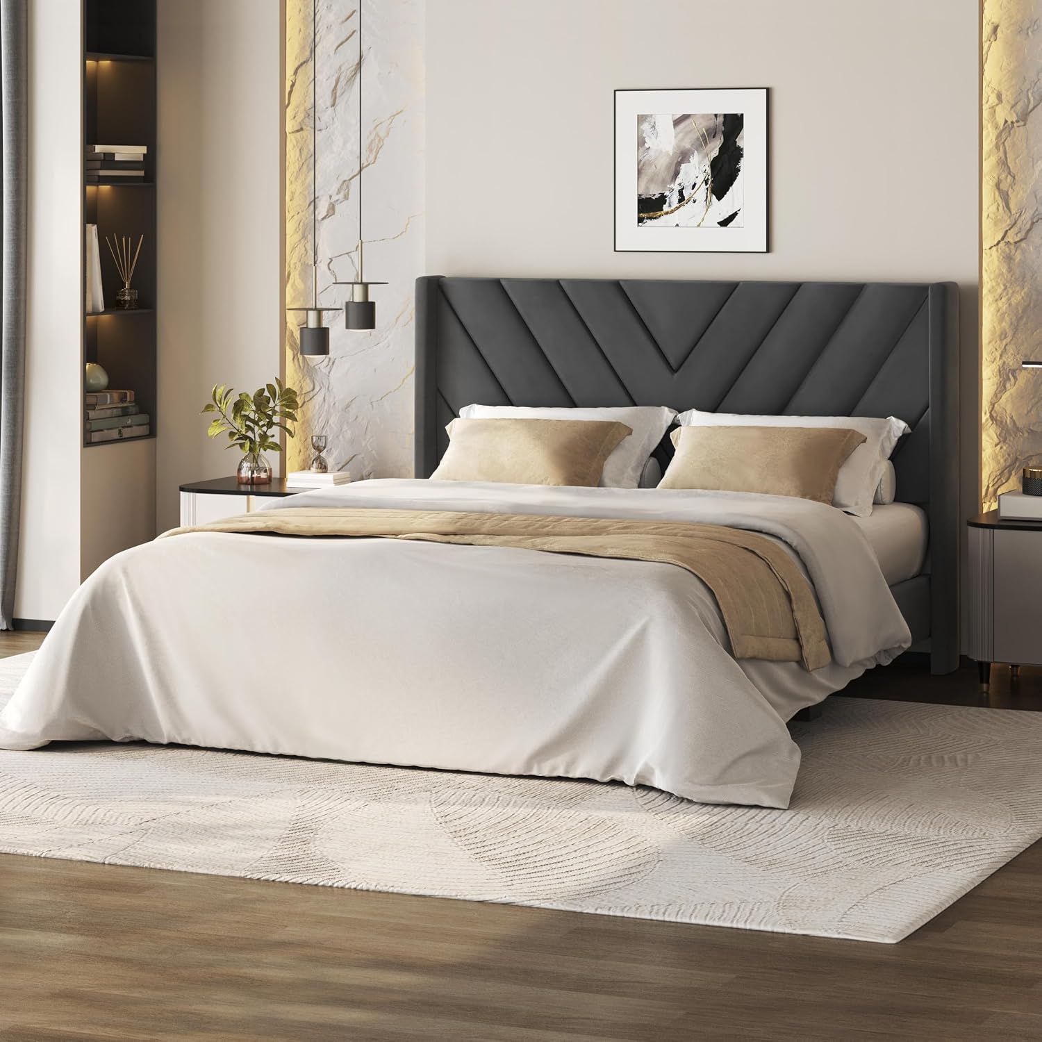Detalle de Yaheetech YT-00144802 Queen Upholstered Bed Frame, Deep Gray Velvet