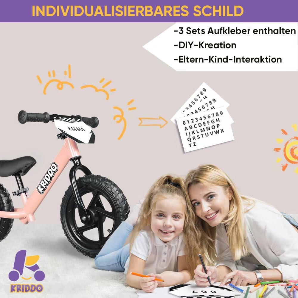 Thumbnail 2 de KRIDDO Kinder-Laufrad ab 2 Jahren (12 Zoll) mit individualisierbarem Schild – Lauflernrad für 18 Monate bis 5 Jahre