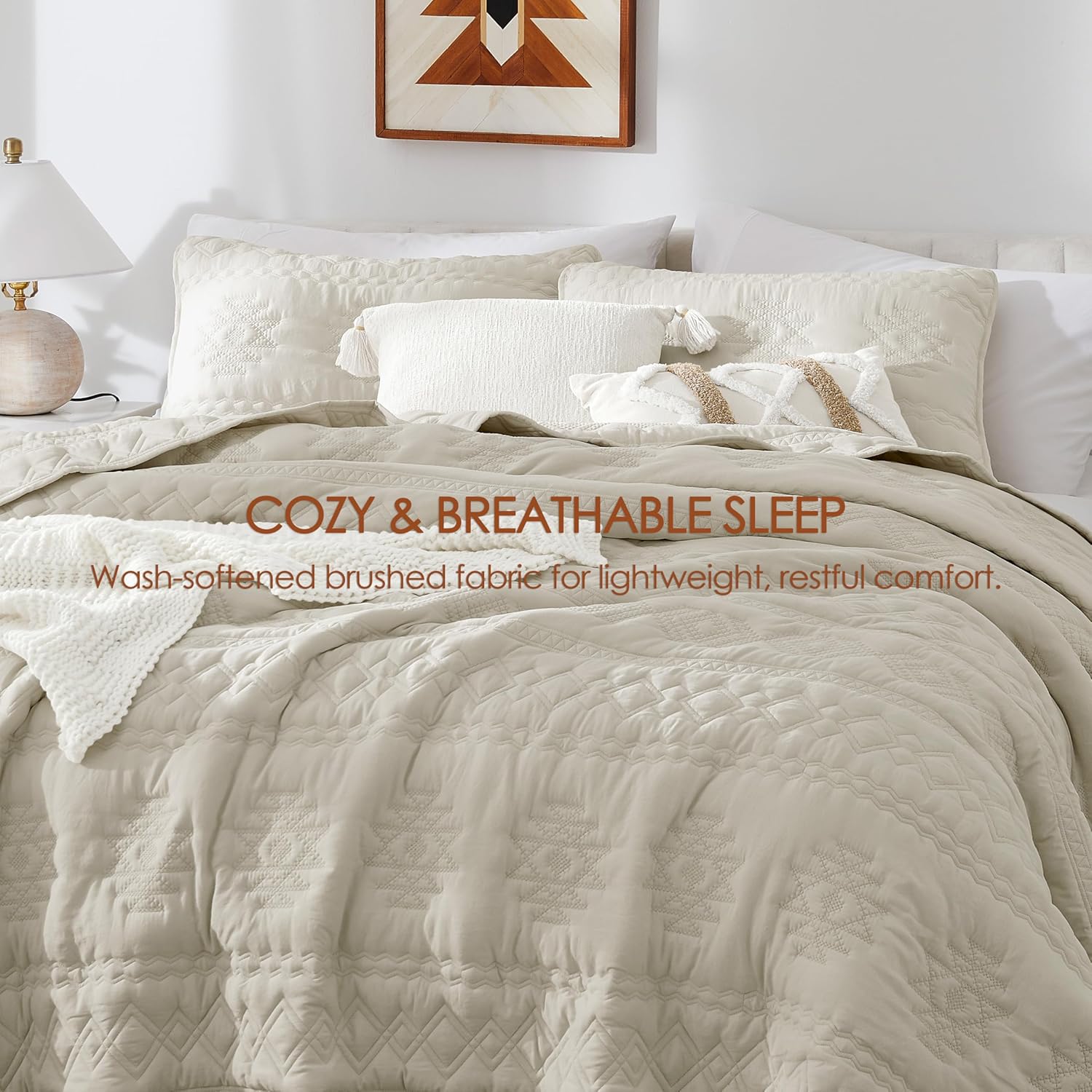 Detalle 2 de WDCOZY Beige Boho Quilt King Size Bedding Set (3 Pieces) with 2 Pillow Shams