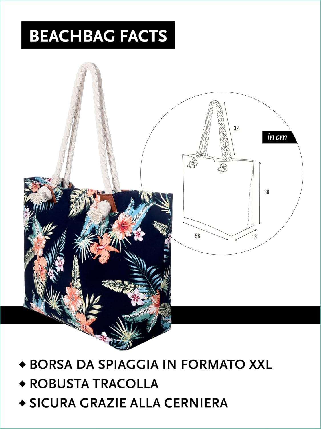 Detalle de DonDon Grande borsa da spiaggia idrorepellente con cerniera e tracolla (formato shopper)