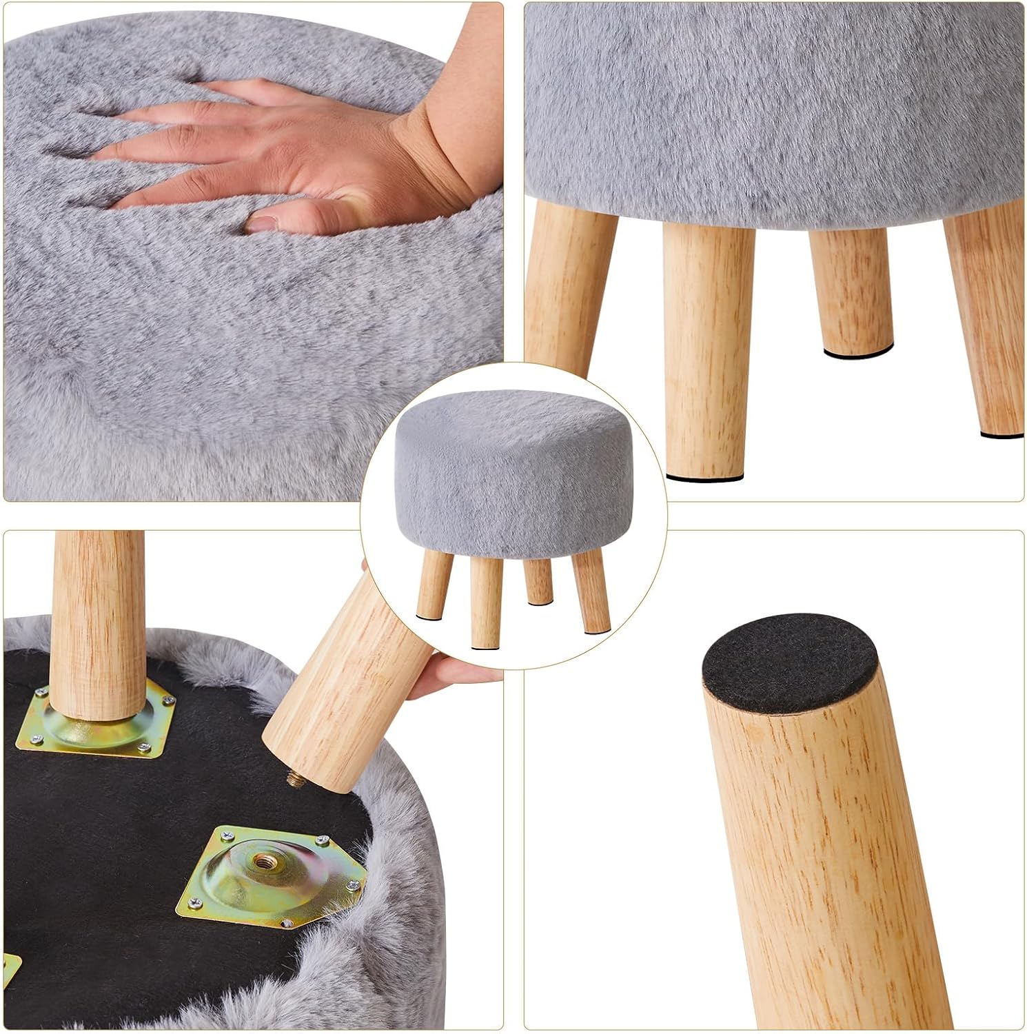 Thumbnail 6 de YMYNY Rotondo Poggiapiedi/Sgabello Ottomano in Poliestere con Gambe in Legno – Grigio, 32×32×32 cm