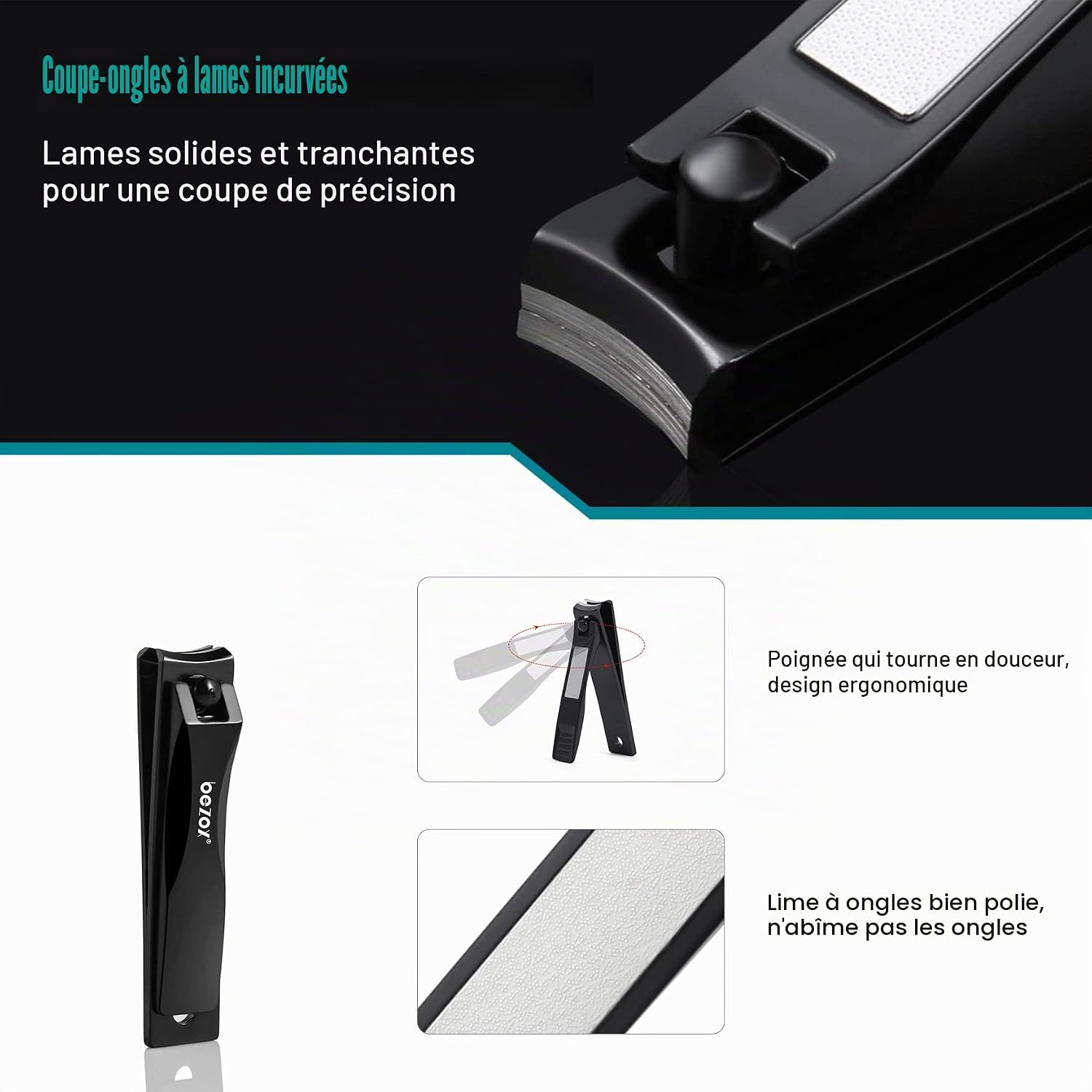 Detalle 2 de BEZOX Lot de 3 Coupe-ongles en acier inoxydable – tailles 83/57/60 mm avec lime intégrée