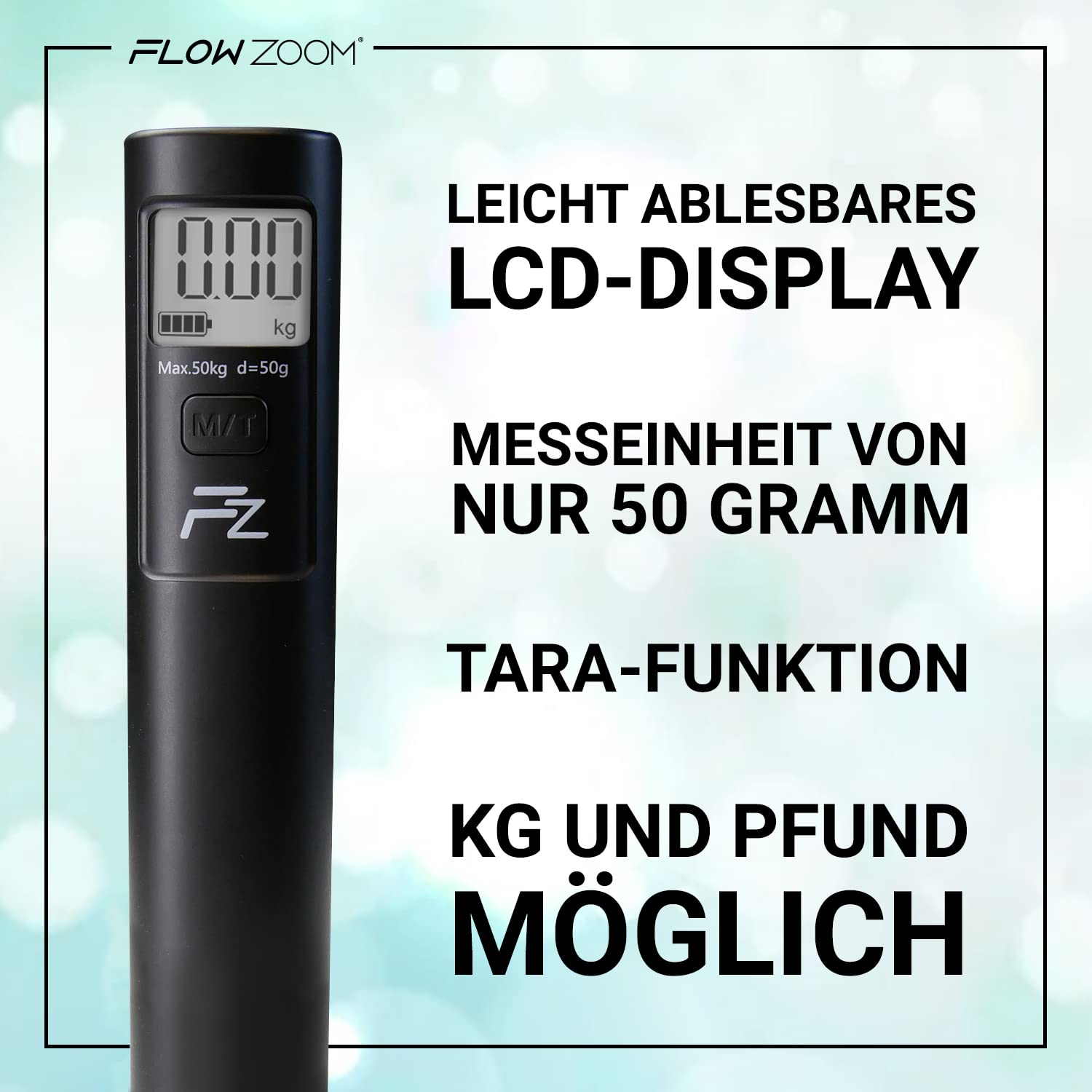 Detalle de FLOWZOOM Kofferwaage SHAKEE (ohne Batterie) – digitale Hängewaage mit Haken, TARA-Funktion und Transportbeutel, schwarz