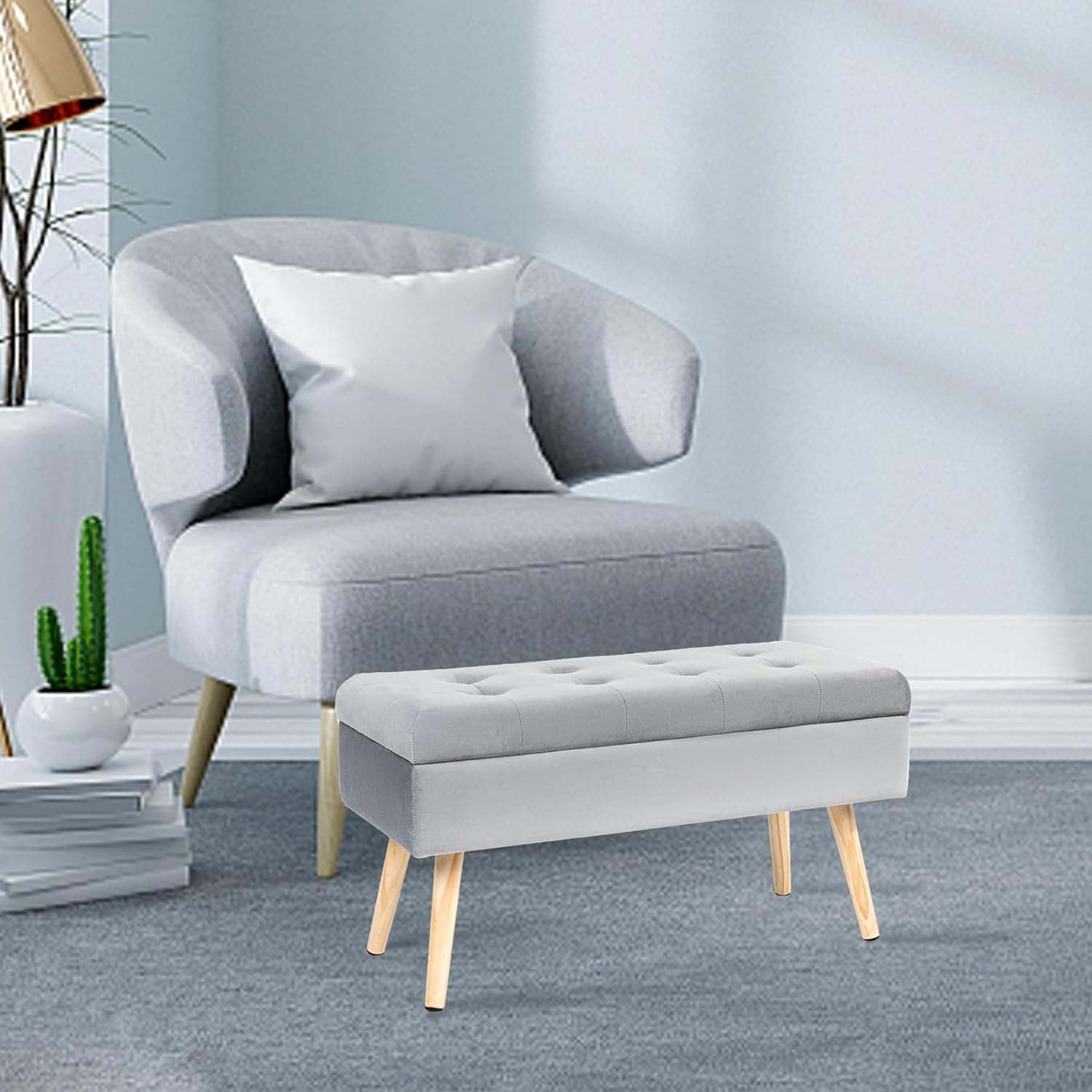 Thumbnail 1 de Hawthyhome Banc avec Espace de Rangement 80 × 35 × 43 cm, Gris – Velours et piètements bois