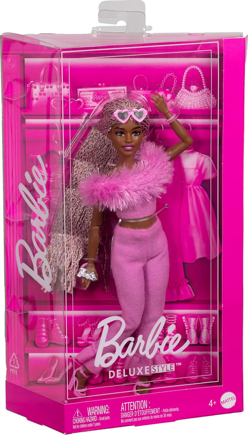 Thumbnail 5 de Barbie Deluxe Style Doll #4 in Barbiecore Outfit with Faux Fur Collar, Braids & Accessories