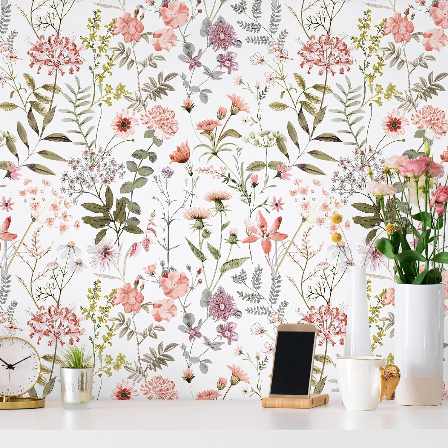 Detalle 2 de VEELIKE Vintage Peach Pink Floral Wallpaper 44.5×900 cm