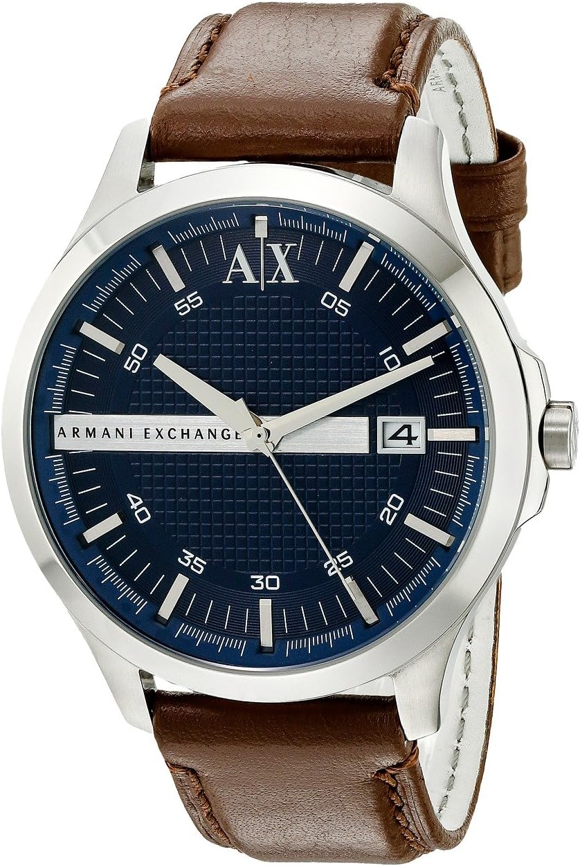 Detalle de Armani Exchange Herrenuhr – 46 mm Gehäuse, blaues Zifferblatt, braunes Lederband