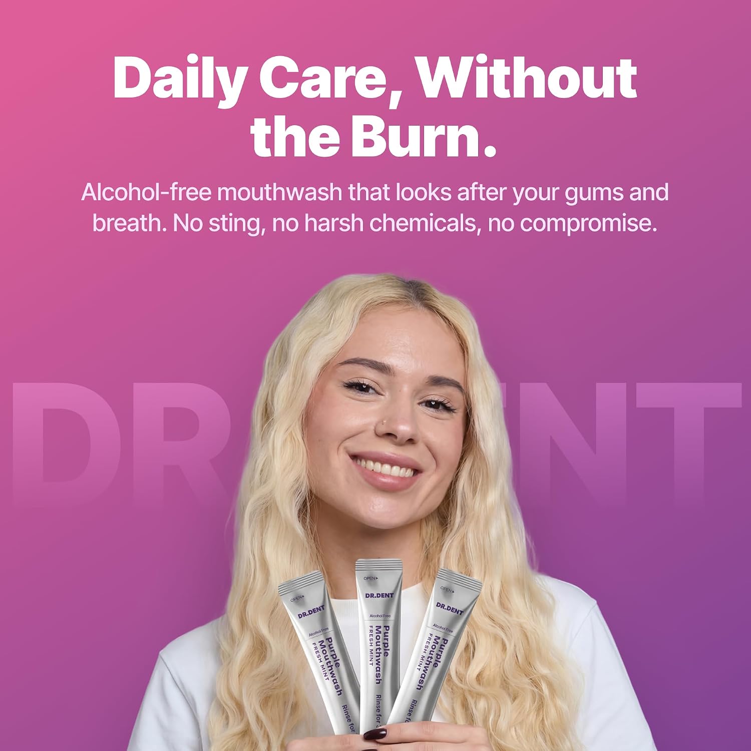 Detalle 2 de DR.DENT Purple Mouthwash for Teeth Whitening – Color Correcting, Peroxide-Free, 20 Sachets