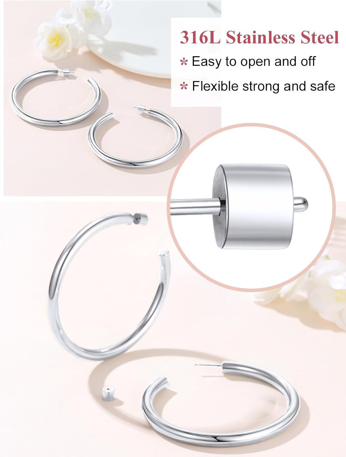 Detalle 2 de FOCALOOK Creolen Damen – Edelstahl Statement Ohrringe, Rundrohr-Design, 30–80 mm