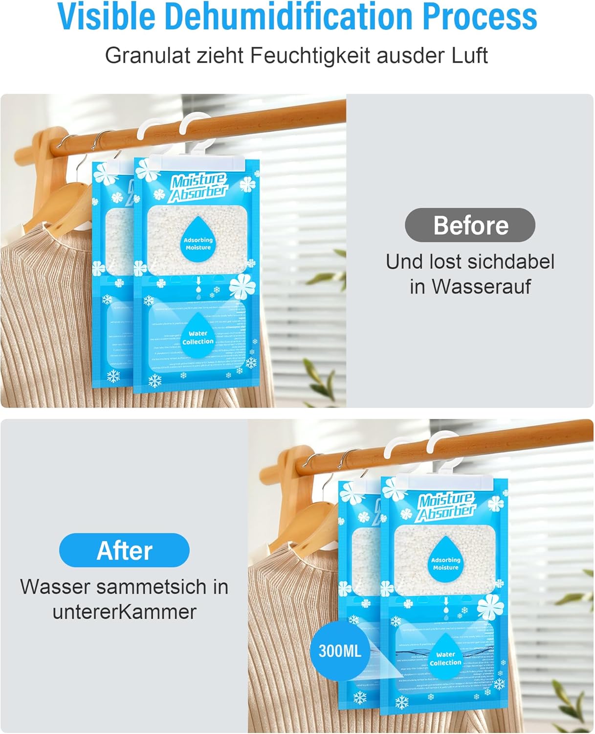 Detalle 2 de OMECO 20 x 230 g Hängender Entfeuchter – Feuchtigkeitsabsorber für Kleiderschrank, Raumlüftung und mehr
