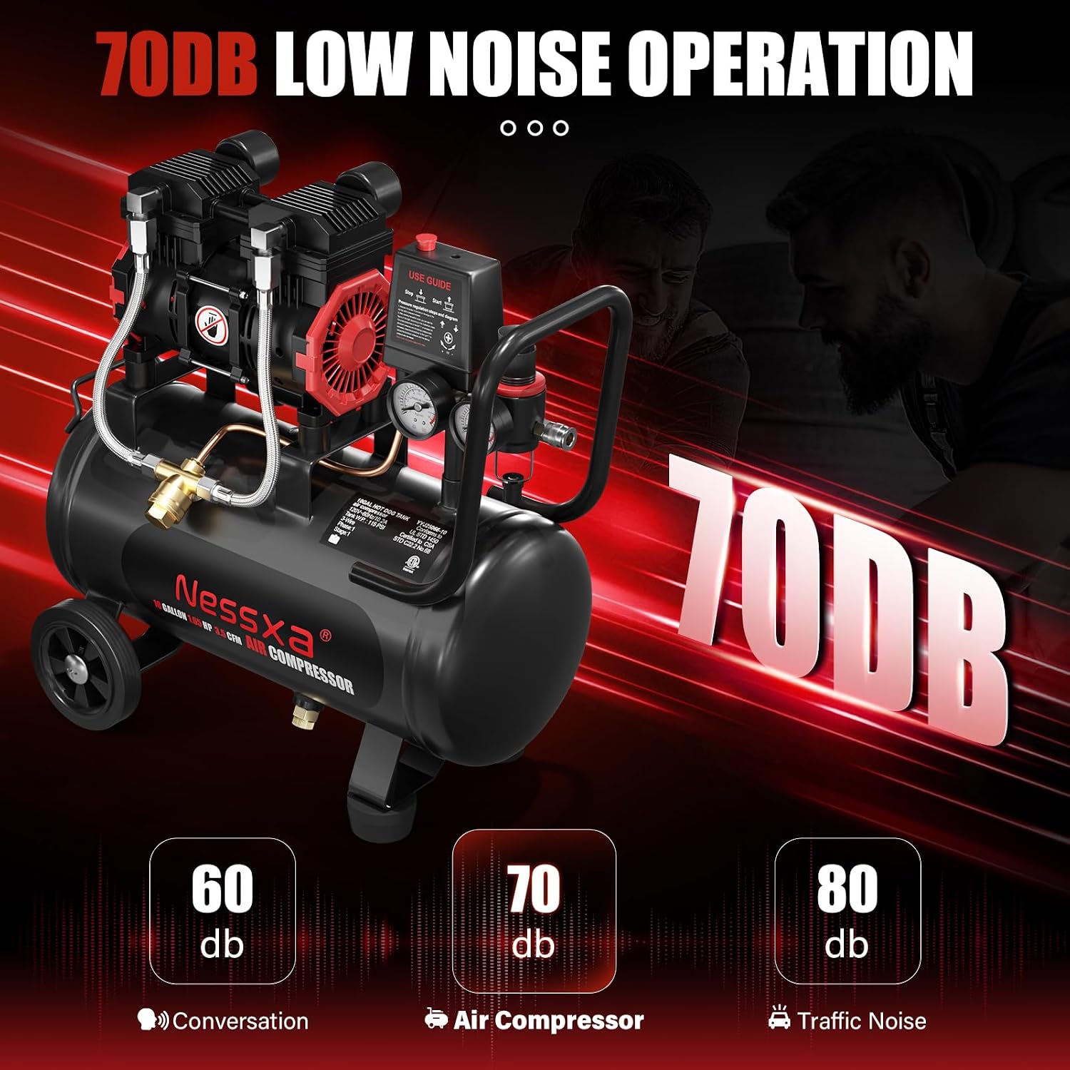 Thumbnail 1 de 10 Gallon Ultra Quiet Oil-Free Air Compressor (1.65HP, 3.5 CFM @ 115 PSI, 70dB) with Two Quick Couplers