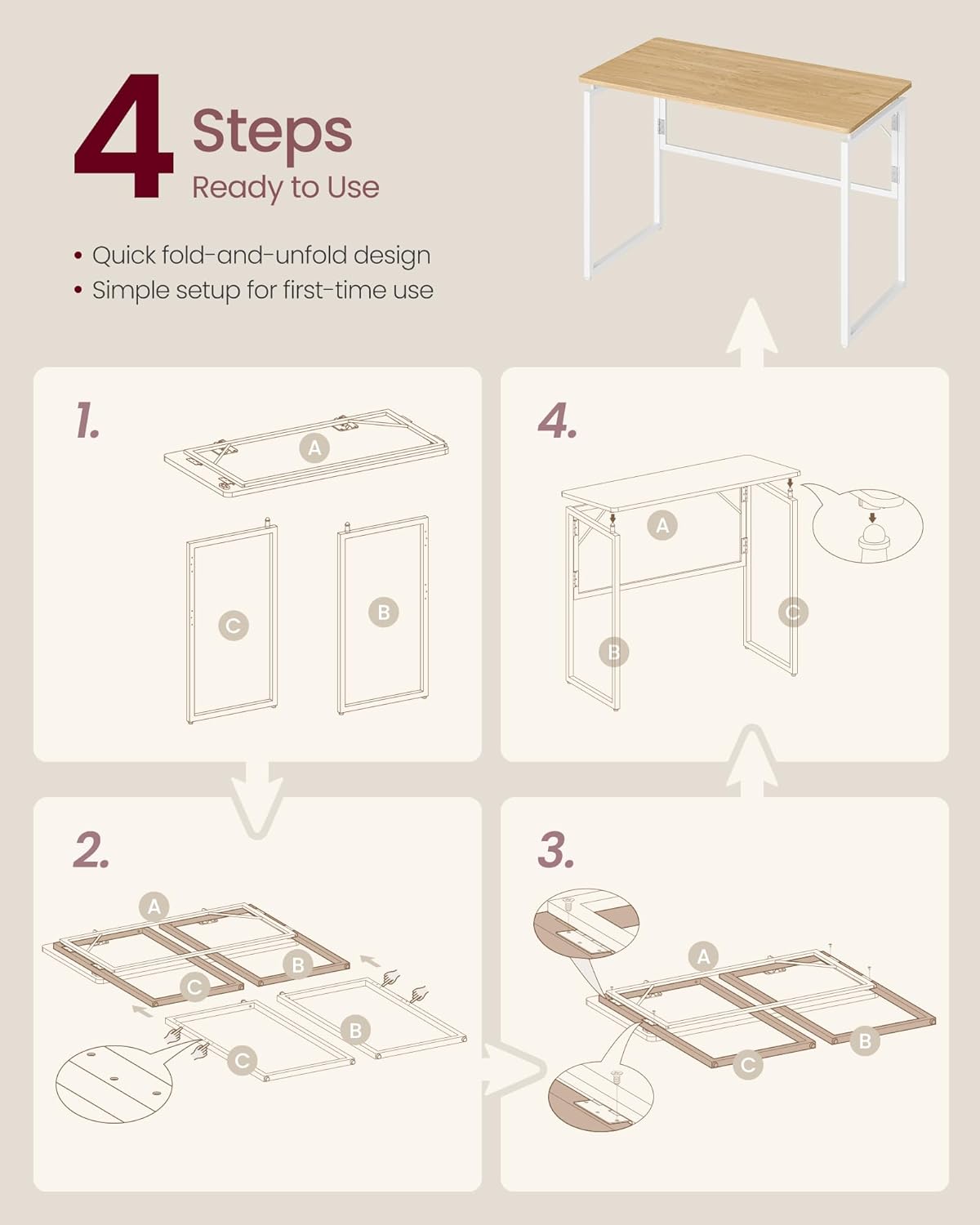 Thumbnail 6 de VASAGLE Folding Desk: Compact 100 x 50 cm, One-Piece Desktop with Rounded Edges
