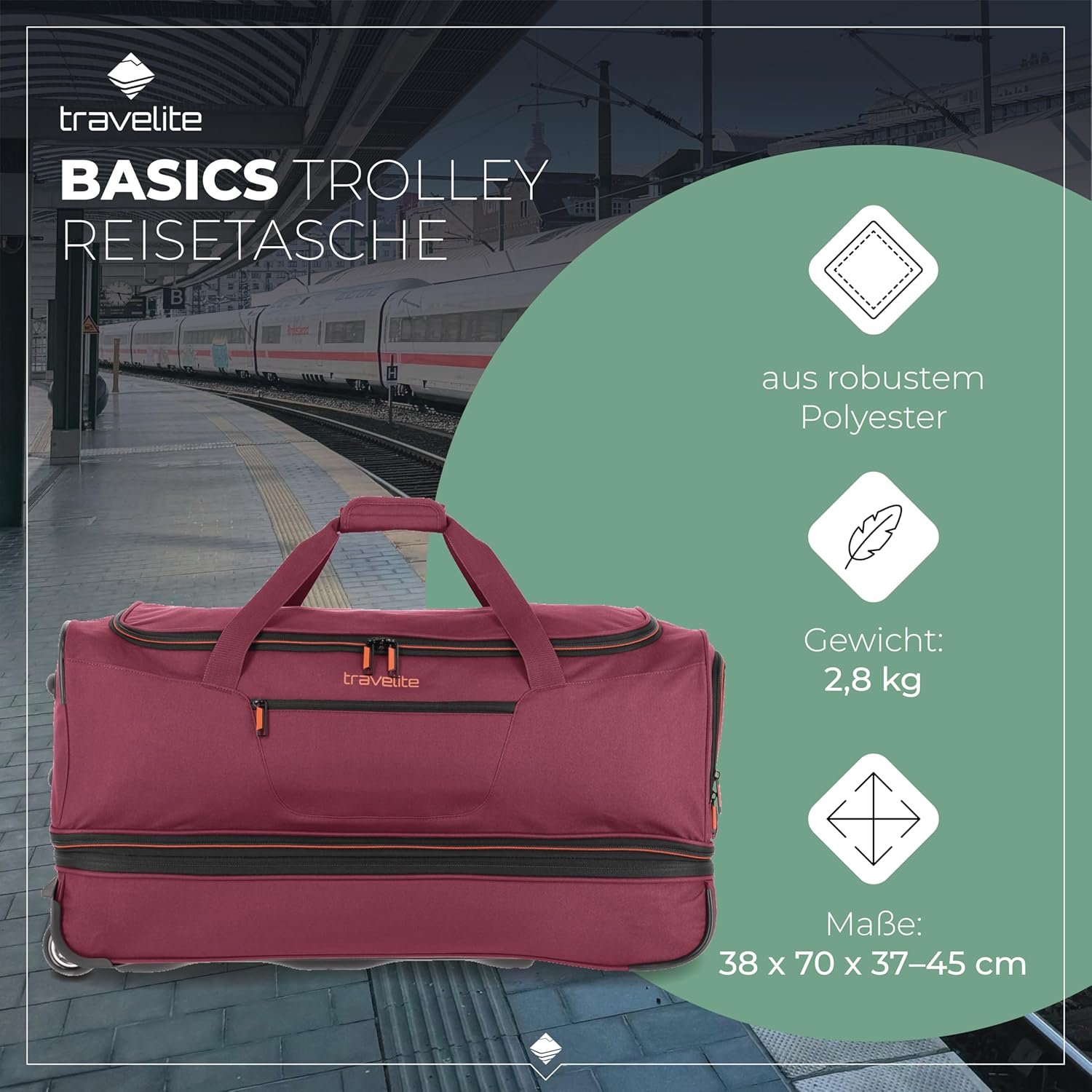 Detalle de Travelite Trolley Reisetasche mit Rollen groß – 98–119 L, 70 cm, erweiterbar