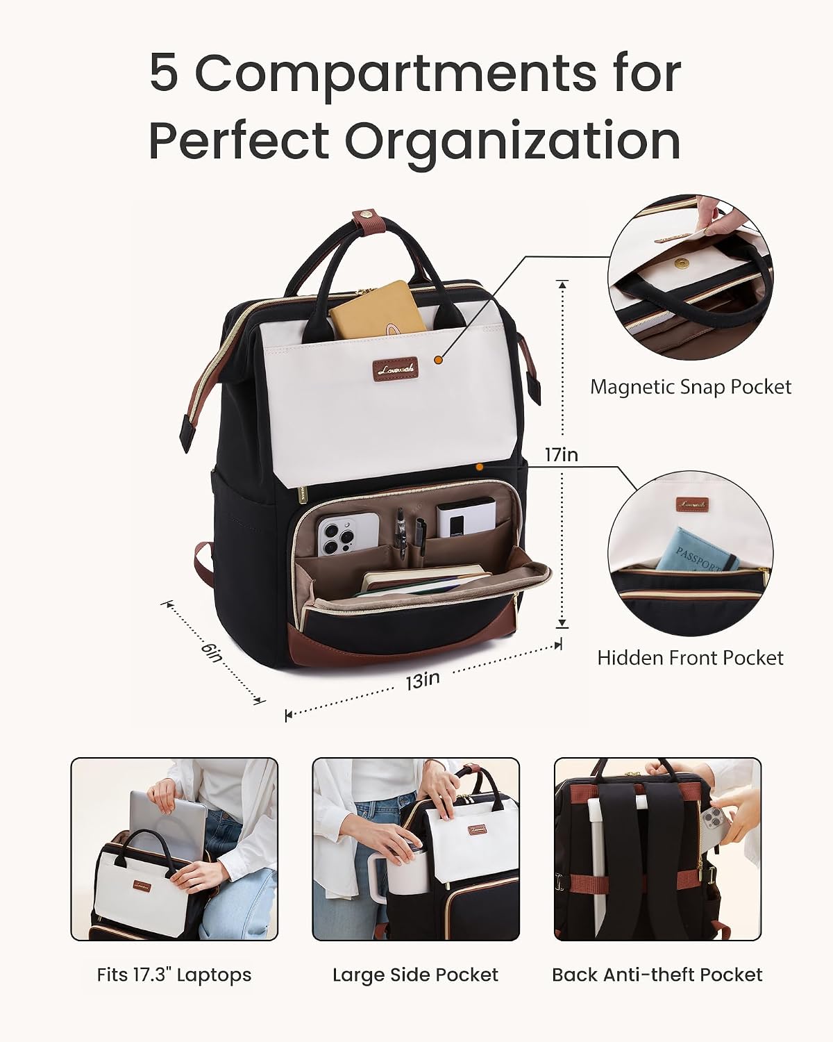 Detalle 2 de LOVEVOOK Laptop Rucksack Damen 17,3 Zoll