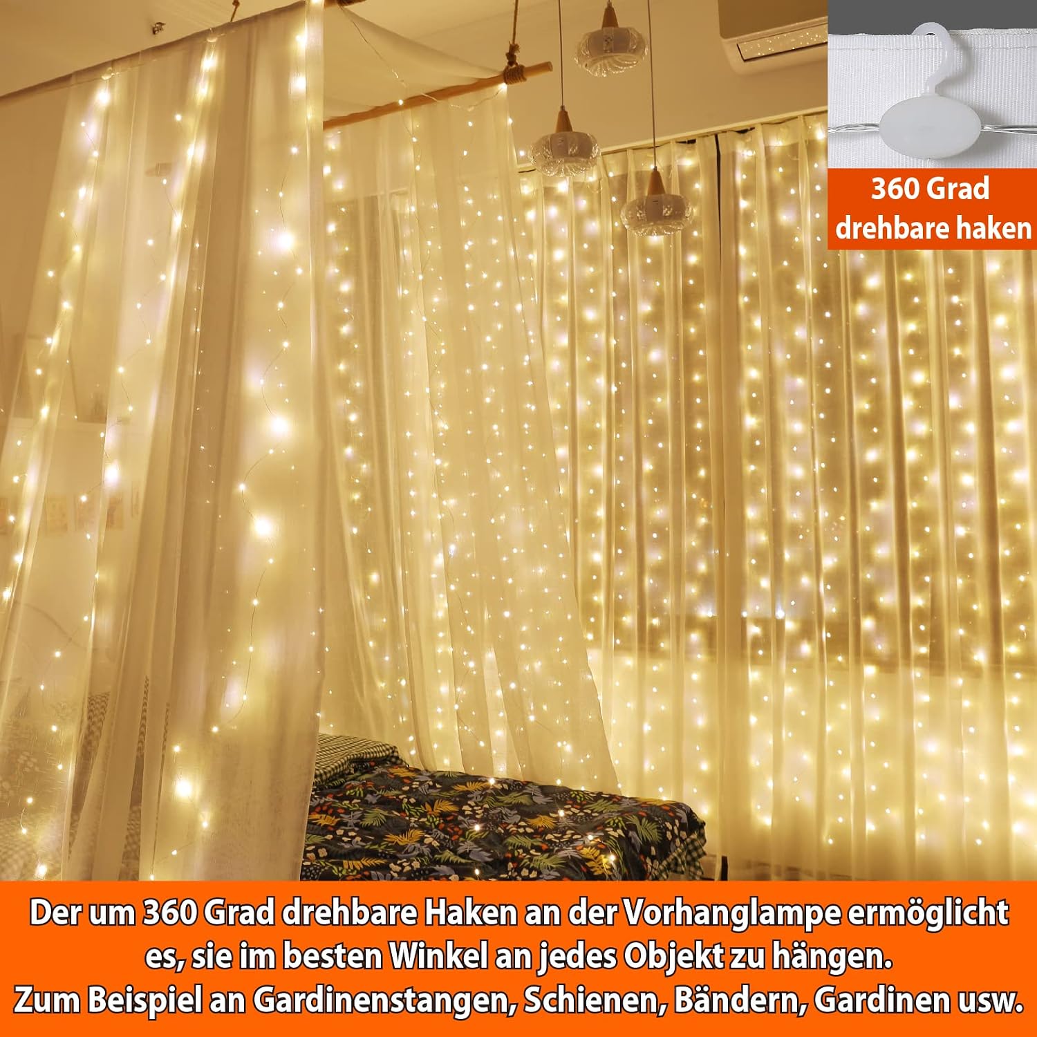 Detalle 2 de HXWEIYE 300LED Lichtervorhang 3×3 m Warmweiß 🎉