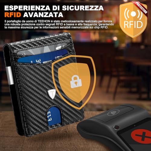 Detalle de TEEHON Portafoglio Uomo RFID Blocking Slim in Pelle fibra di carbonio, 12 porte carte, ID window, fermasoldi – Nero