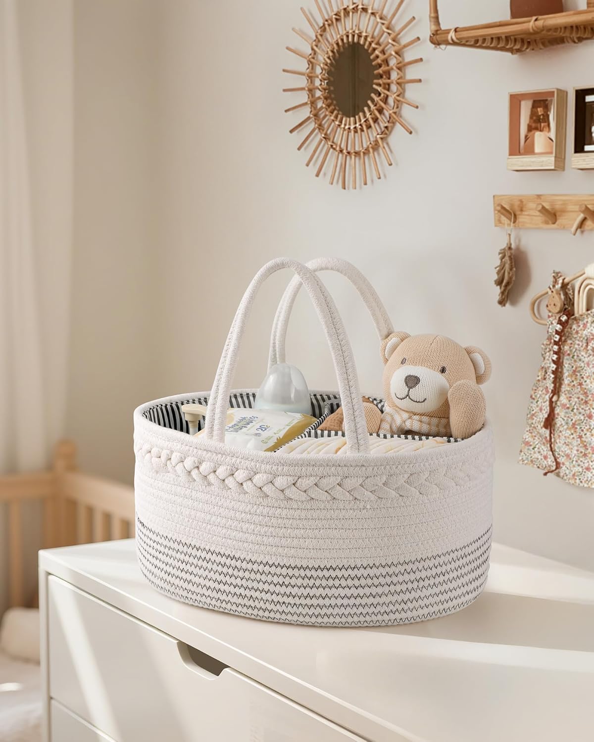 Detalle de Maliton Nappy Caddy, Cotton Rope with Removable Dividers – White & Wavy, 36×22×18 cm
