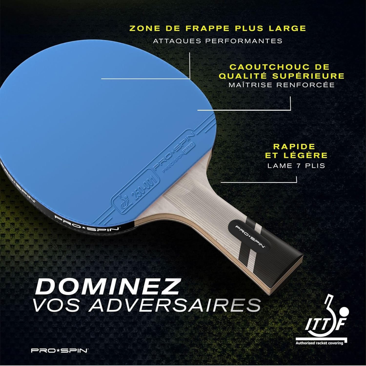 Thumbnail 1 de Raquette de ping-pong PRO-SPIN Série Elite 7 plis homologuée ITTF (fibre de carbone, mousse 2 mm, étui)
