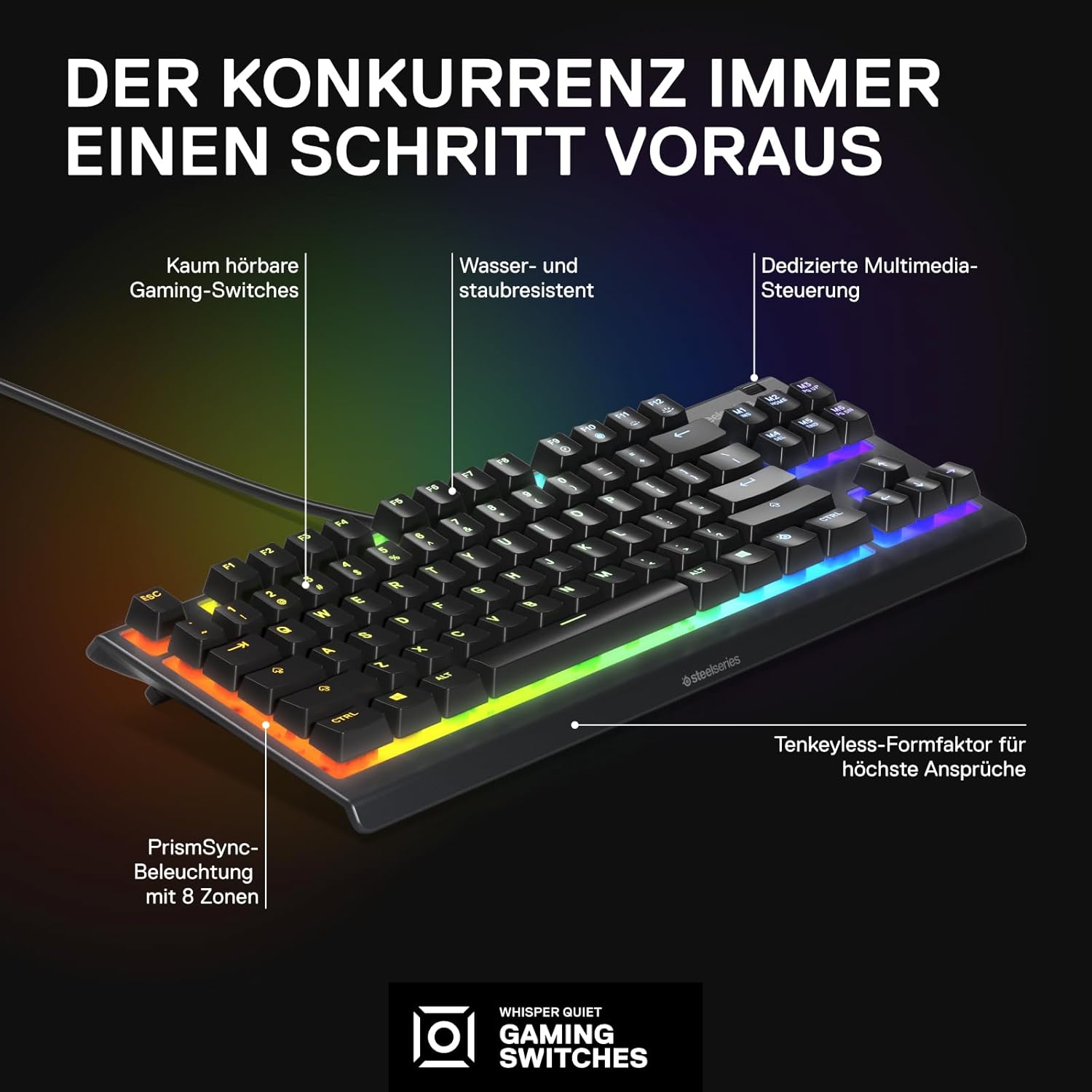 Thumbnail 2 de SteelSeries Apex 3 TKL Gaming-Tastatur mit RGB, flüsterleisen Switches, wasser- und staubresistentem Gehäuse (QWERTZ, DE-Layout) – Schwarz