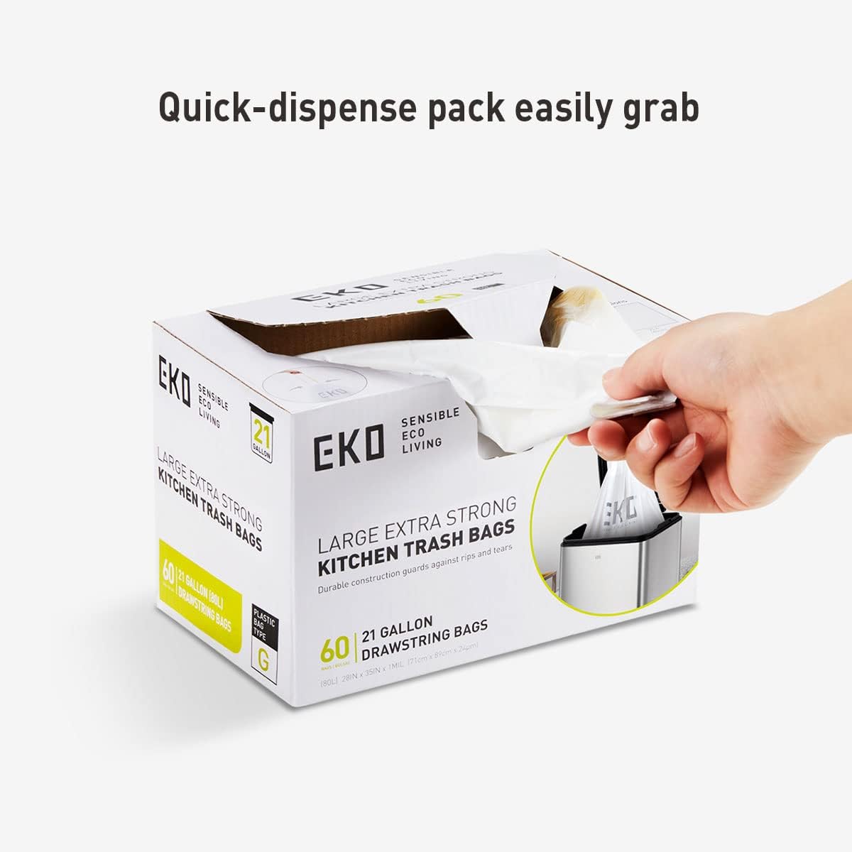 Detalle 2 de EKO Lot de 60 Sacs Poubelle 50-90 L – avec poignées Auto-Fermeture, Extra forts et Anti-fuites – Code G