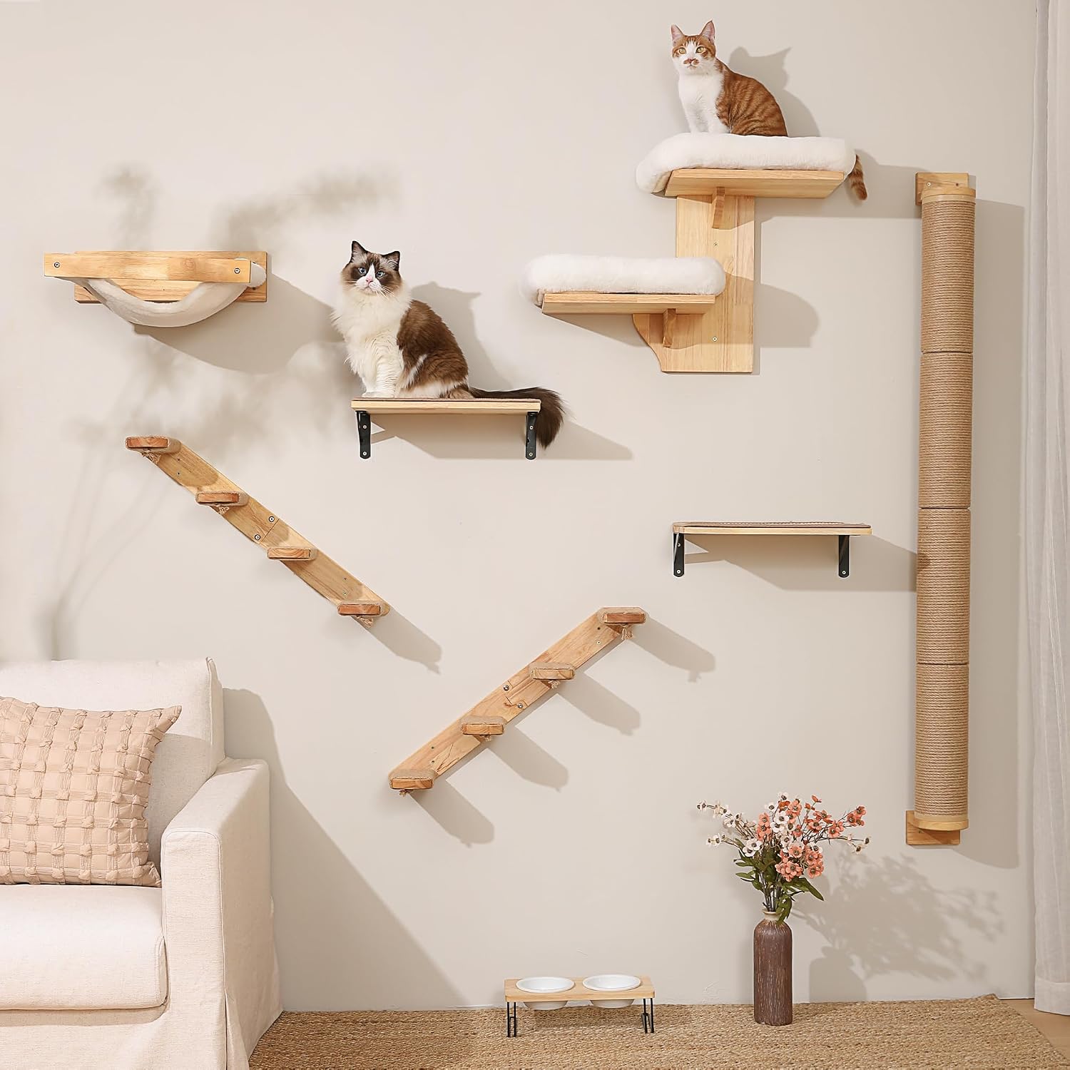 Detalle de FUKUMARU Wandregal für Katzen – 4-stufige Wandkatzentreppe aus Massivholz mit Juteschnur (66 cm)
