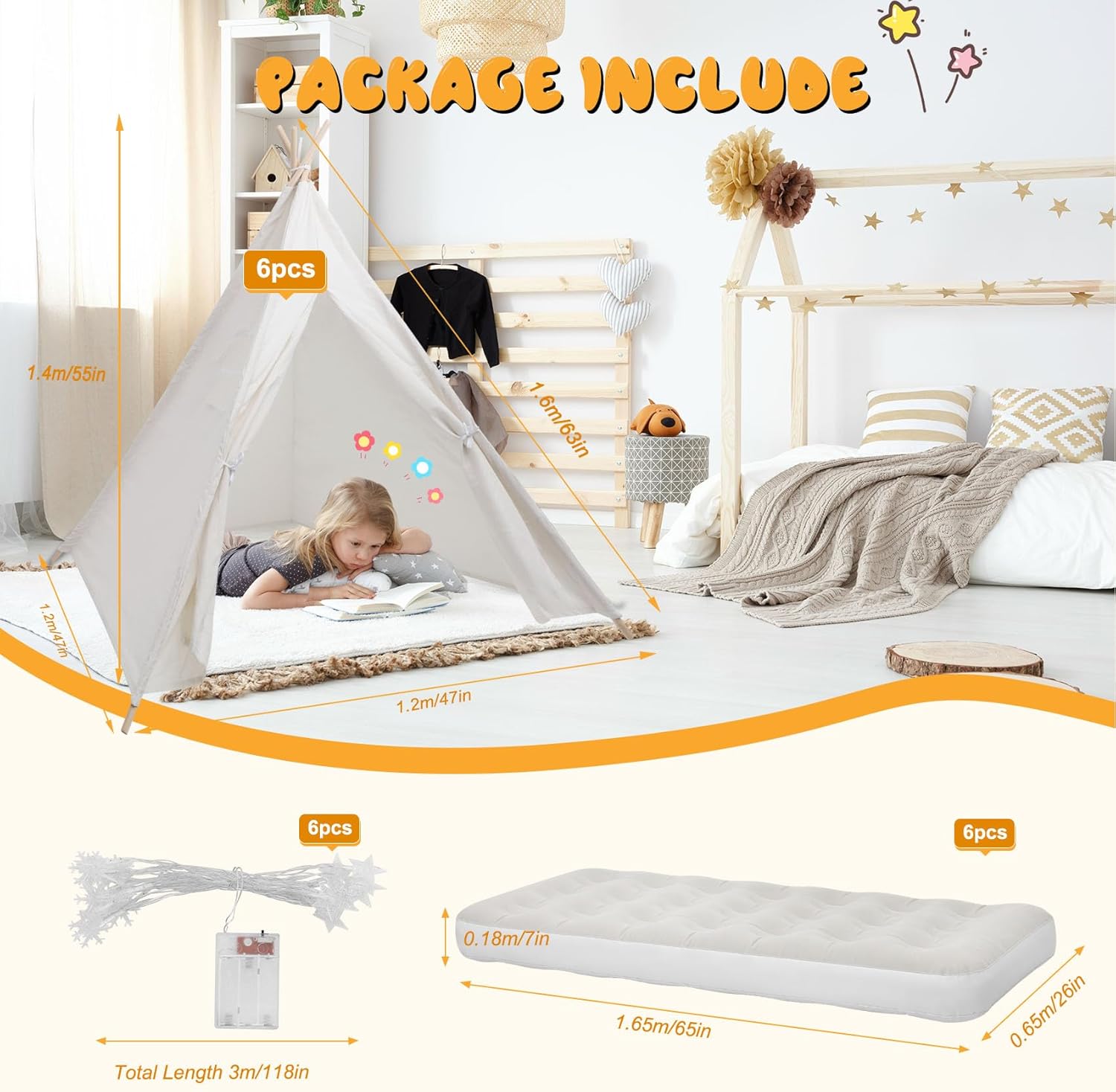 Detalle 2 de 6 Pack Teepee Tent for Kids with Light String 🎪