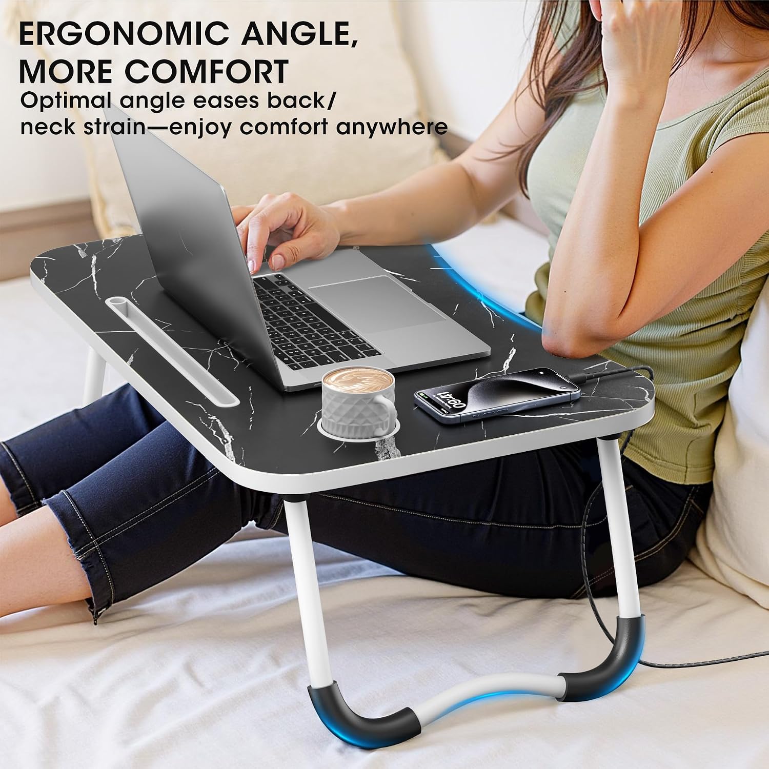 Detalle 2 de Frpufi LD007 Folding Lap Desk, 23.6-Inch Wood Table with Cup Holder, Dark Black