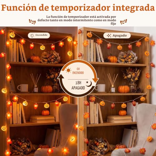 Detalle 2 de Liyade Guirnalda LED de otoño de 3 m con 20 LED, calabazas y temporizador