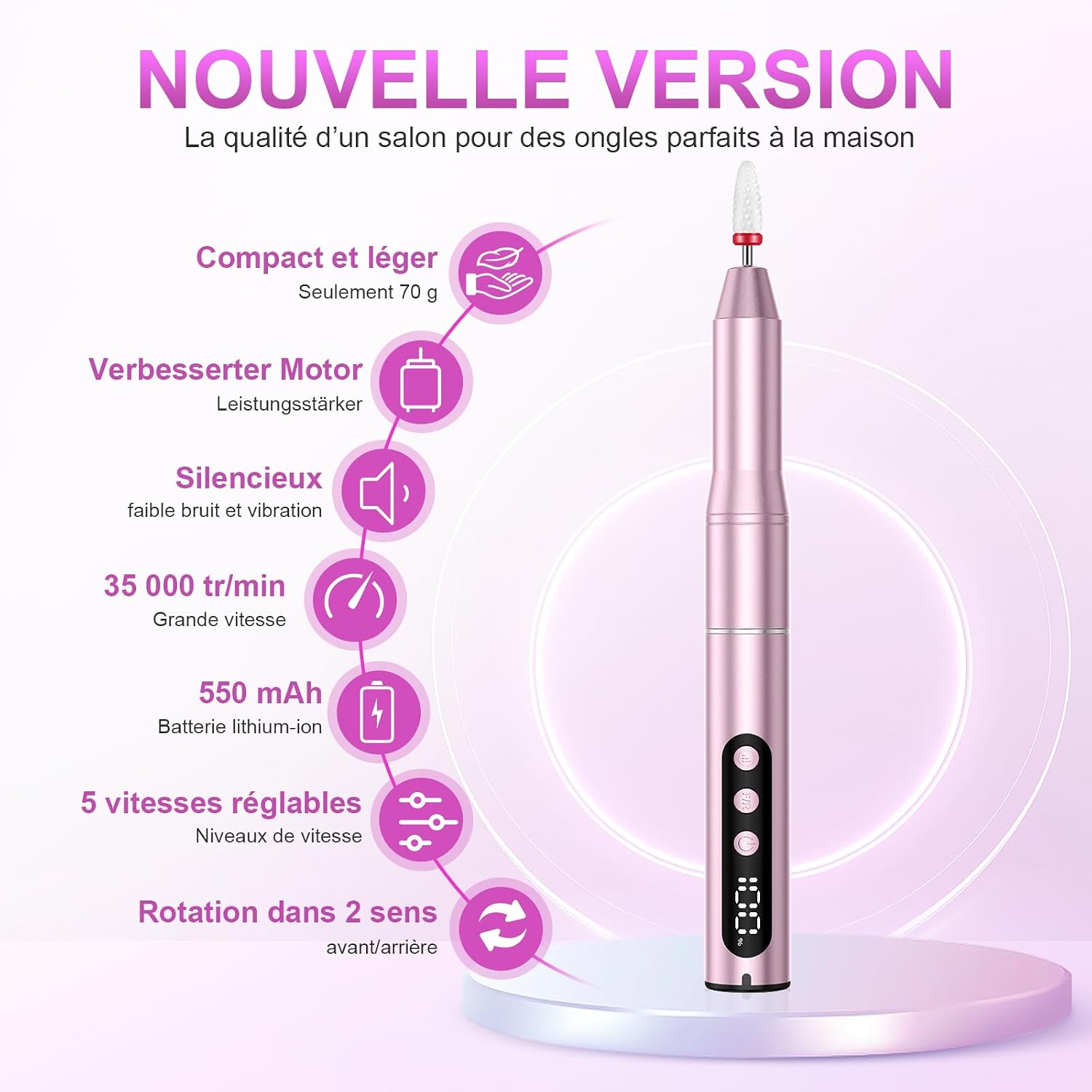 Detalle 2 de POFIBO Ponceuse pour Ongles Professionnel – Lime à Ongle Électrique 12 en 1, 35000 RPM, LCD, Sans Fil, 5 Vitesses (Rose)