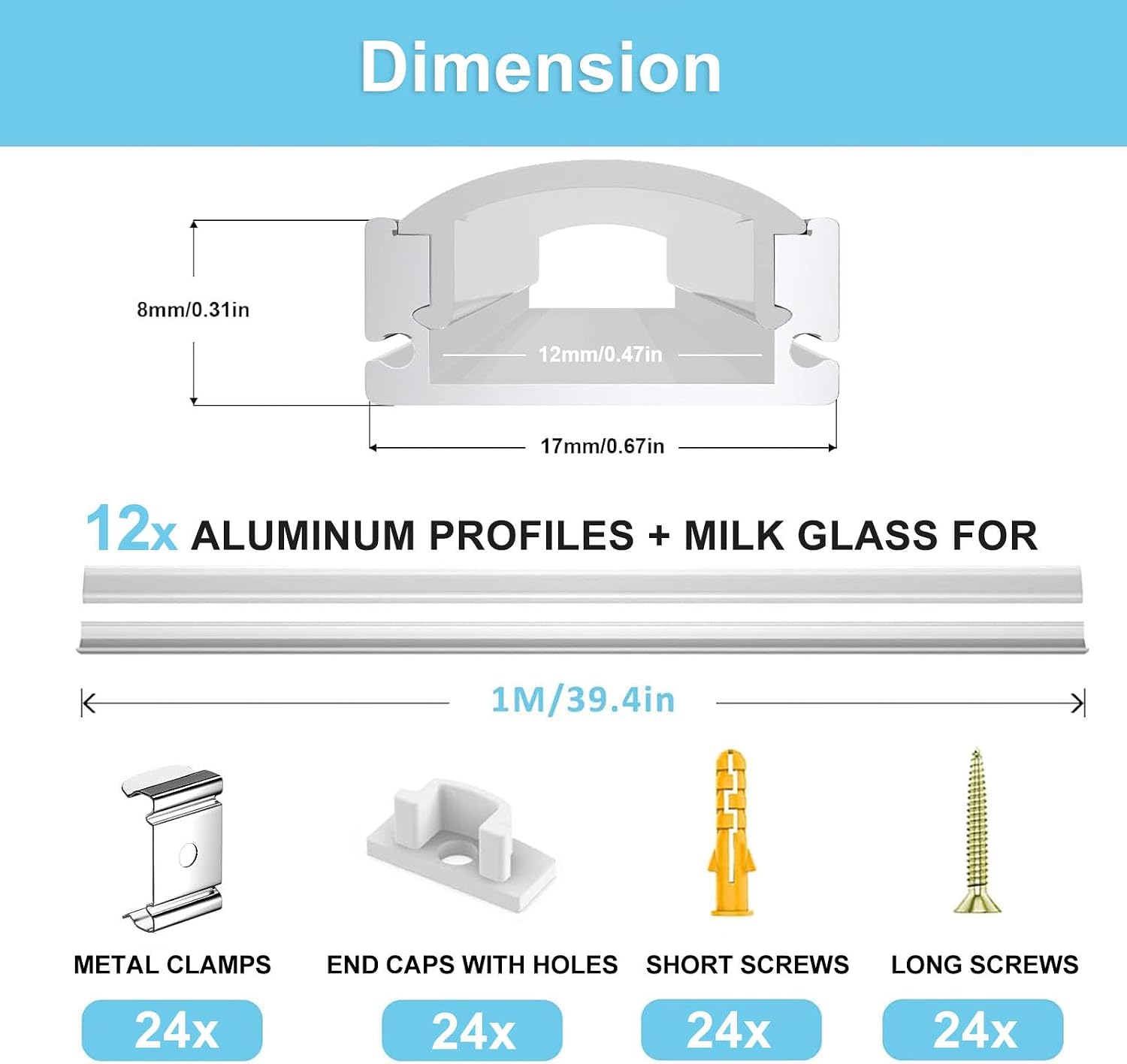 Detalle 2 de VEANANO U-Shape aluminium LED channel kit (12-pack, 1m each) with milky diffuser cover, end caps and mounting clips
