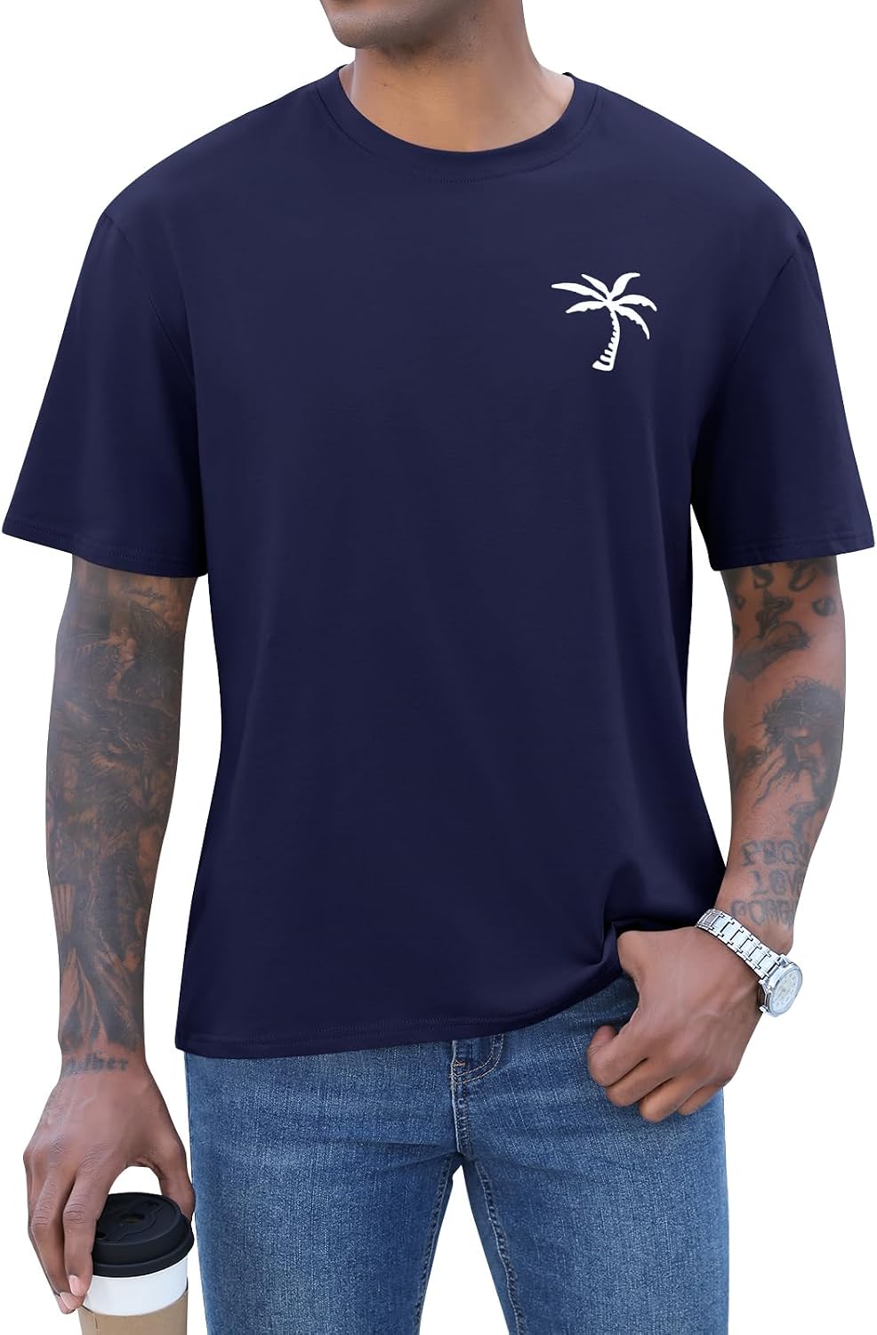 Detalle de iudam Herren Kurzarm T-Shirt Rundhals Sommer mit Palmenmotiv – atmungsaktives Baumwollmix-Oberteil