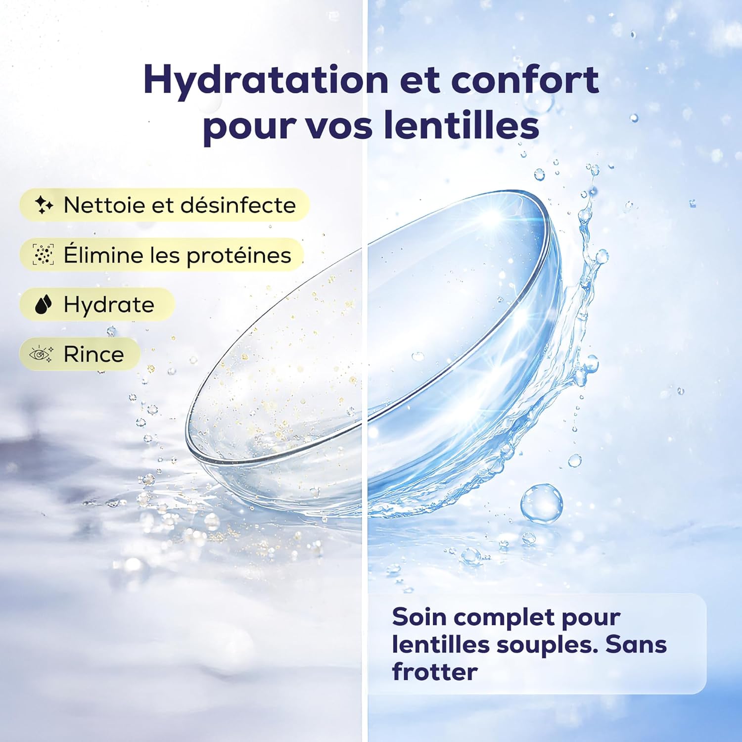 Detalle de EYE DISCOVER Solution tout-en-un pour lentilles souples (désinfection, nettoyage et rinçage) – pack 3 x 360 ml + 2 étuis