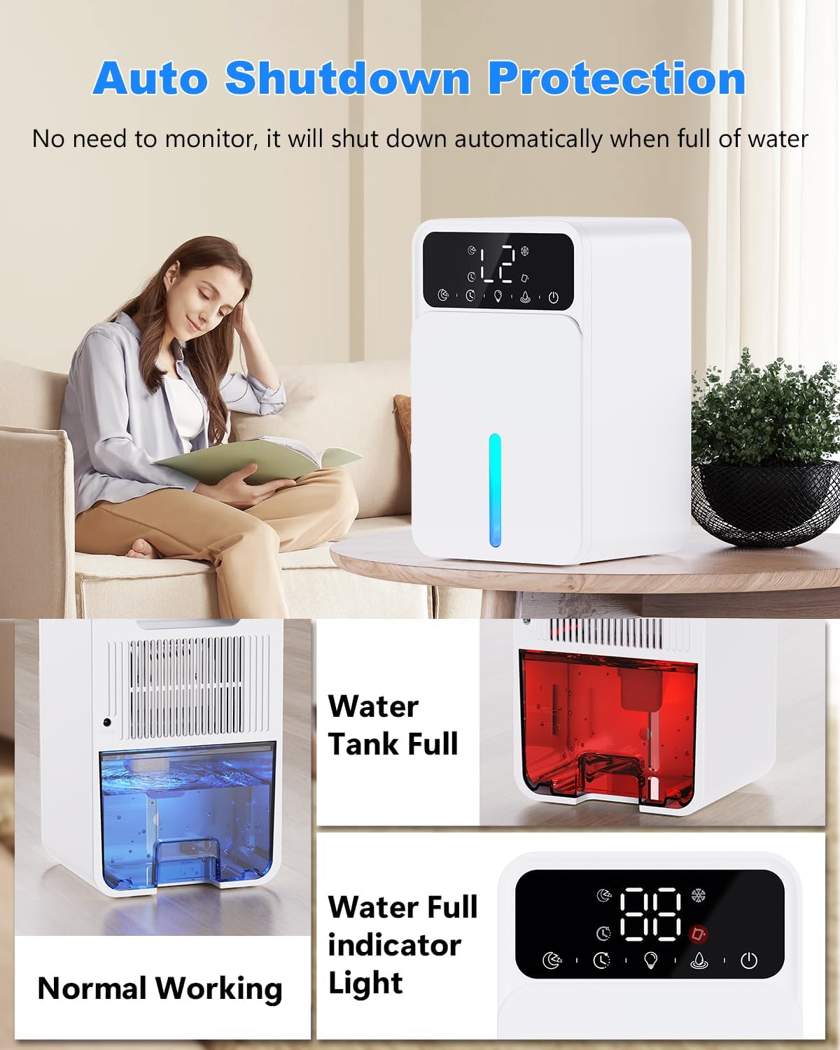 Detalle 2 de Dehumidifiers for Home, 1500ML Portable Dehumidifier with 7 Lights, 12H Timer and Auto Shutoff