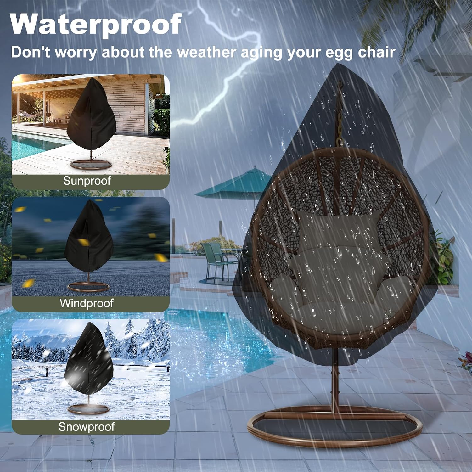 Detalle de Impulja eccb002 Patio Egg Chair Cover, 420D Oxford, Waterproof, UV-Resistant