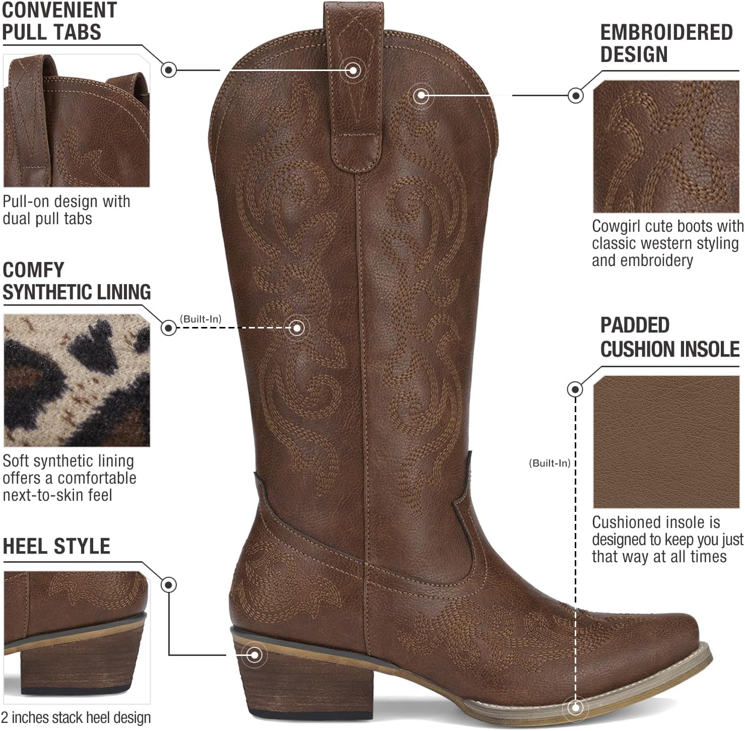 Detalle 2 de HISEA NZX04WCP-FBA Women's Mid-Calf Cowgirl Boots with Floral Embroidery