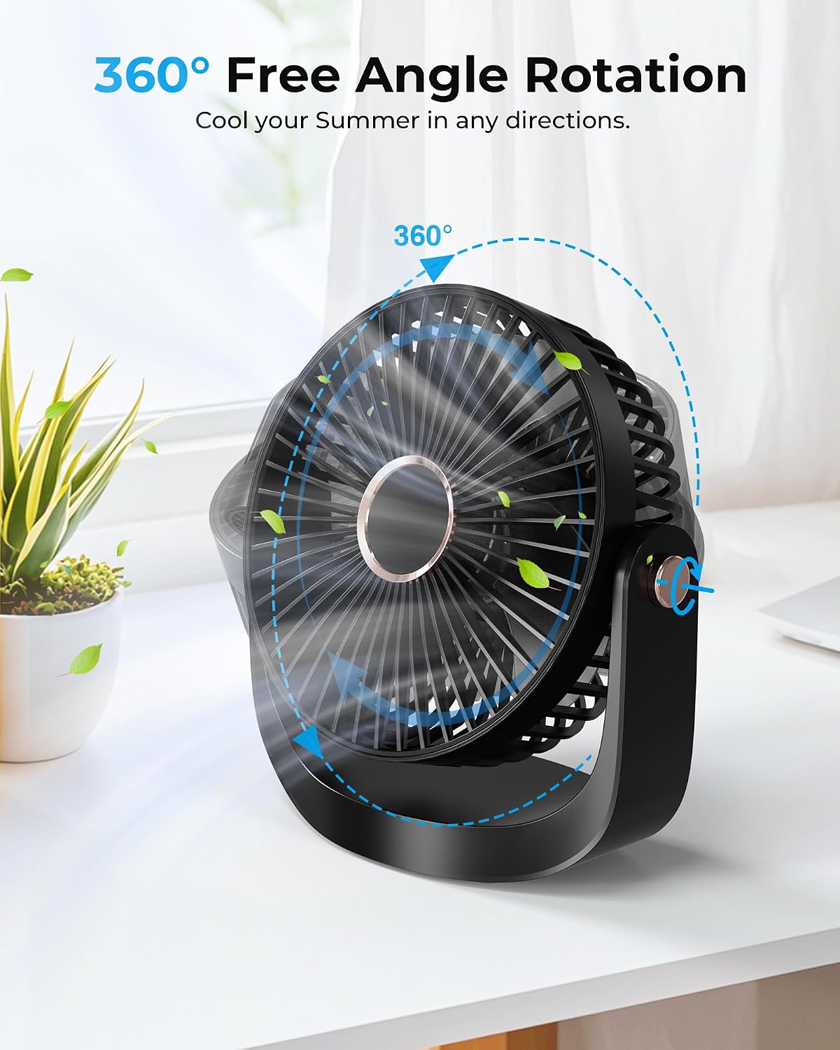 Detalle de DoHome Portable Desk Fan: 360° Rotating, 5-Speed, 3000mAh Battery with Night Light